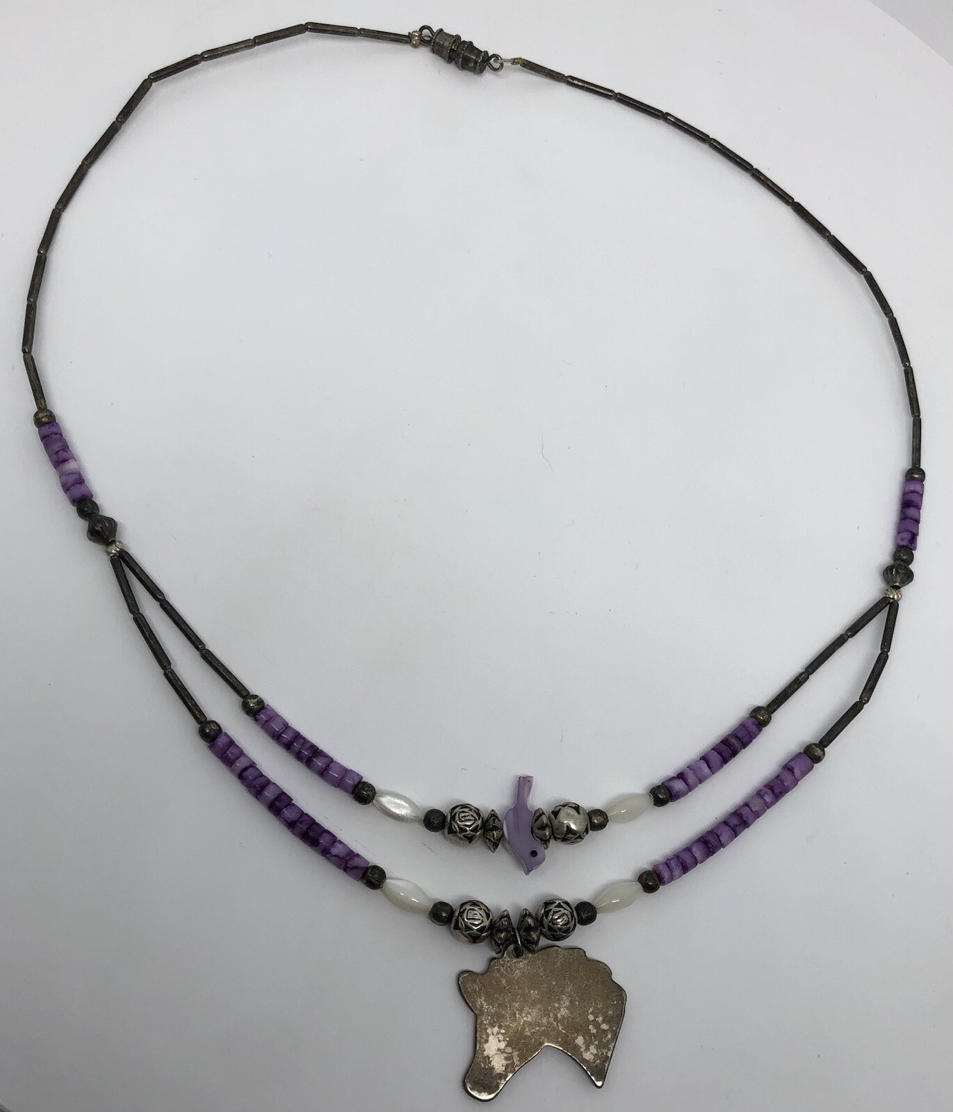 Equestrian Horse Necklace Purple Pony Pendant Silver Roses Beaded Bird 16”