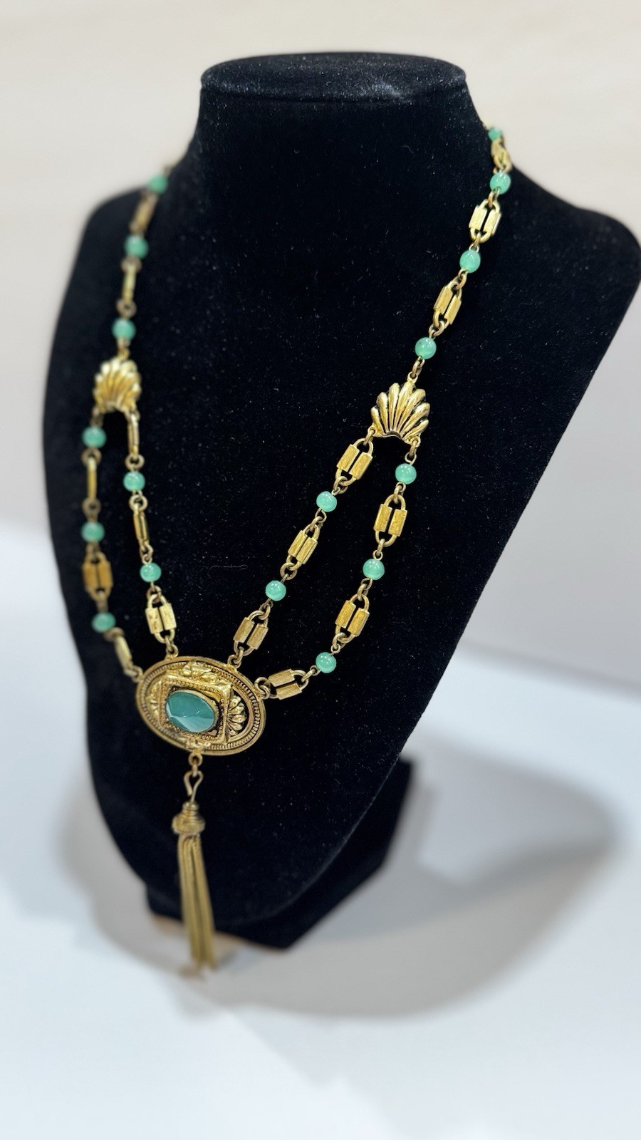 Antique Victorian Revival Green Chrysoprase Glass & Tassel Necklace Czech