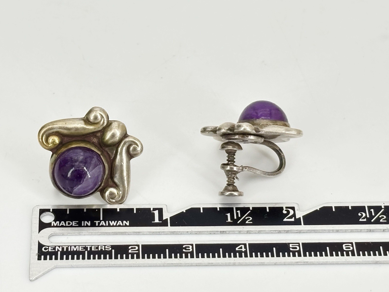 LOS CASTILLO Taxco Sterling Silver Amethyst Floral Scrollwork Screwback Earrings