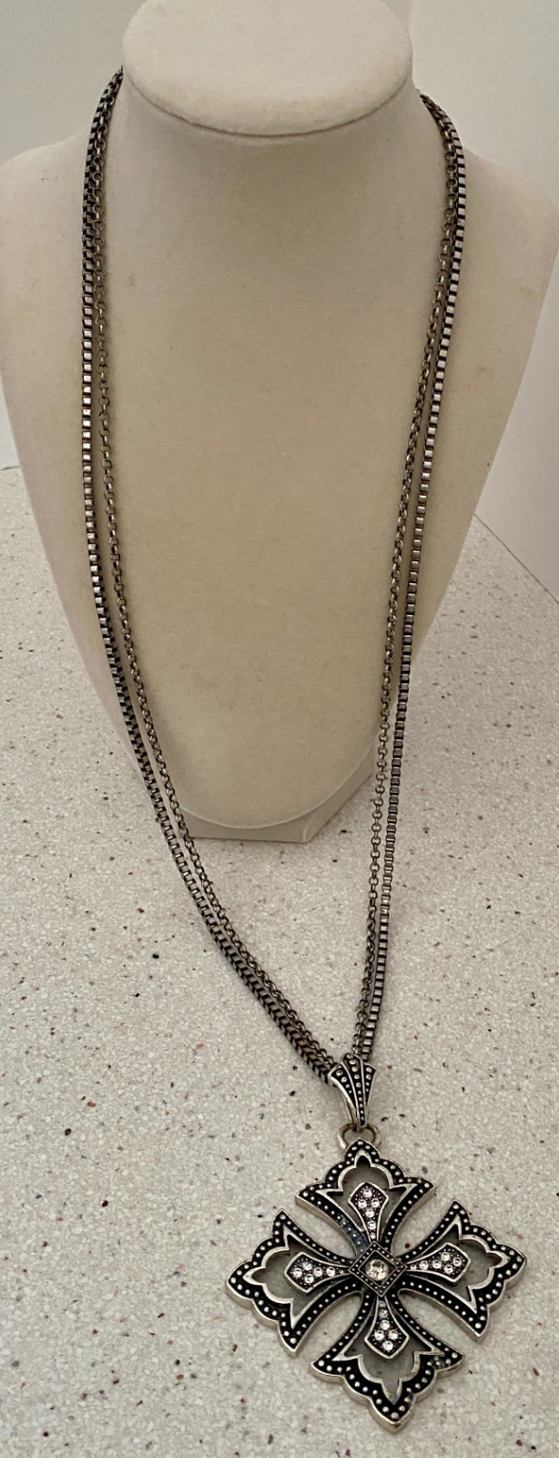 Vtg Jerusalem Cross Pendant Lariat Chain Silver Tone Necklace Double Strand