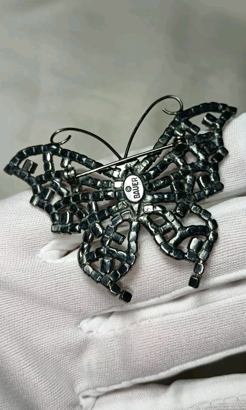 Vintage Dorothy Bauer Gunmetal Pink Blue Crystal Butterfly Pin Brooch