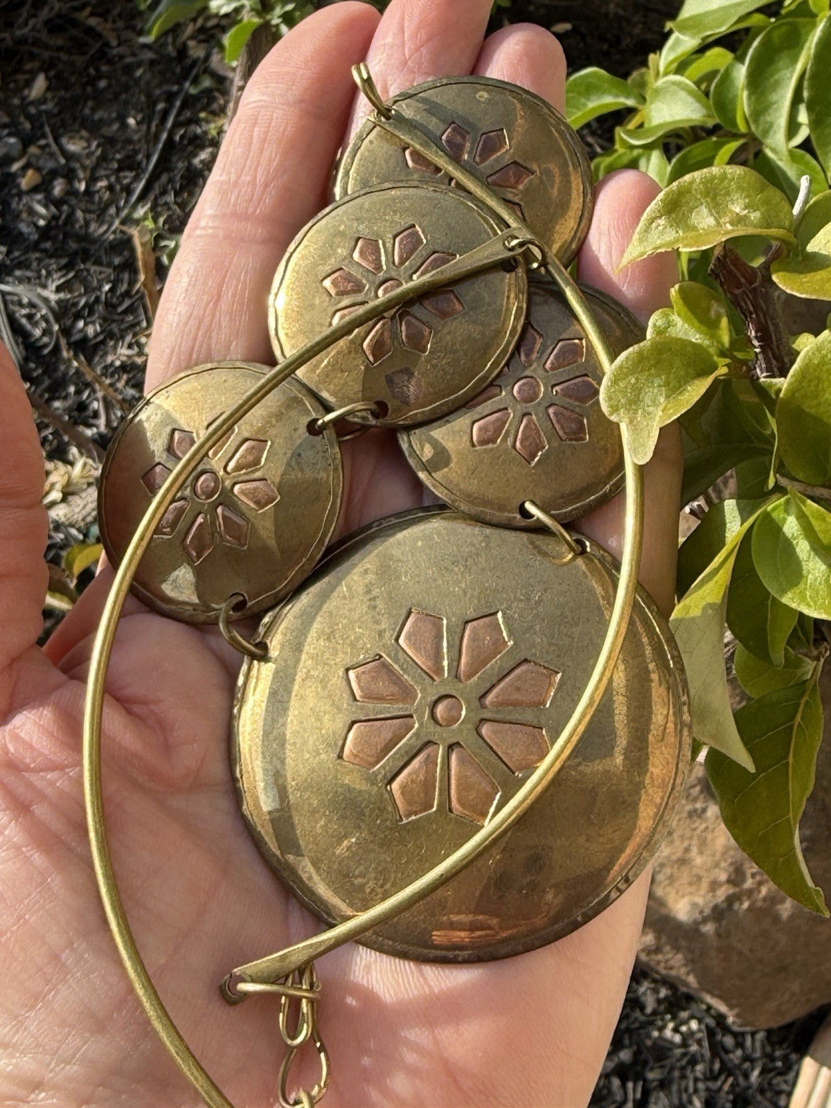 Vintage Artisan Abstract Round Copper & Brass Disc Statement Modernist Necklace