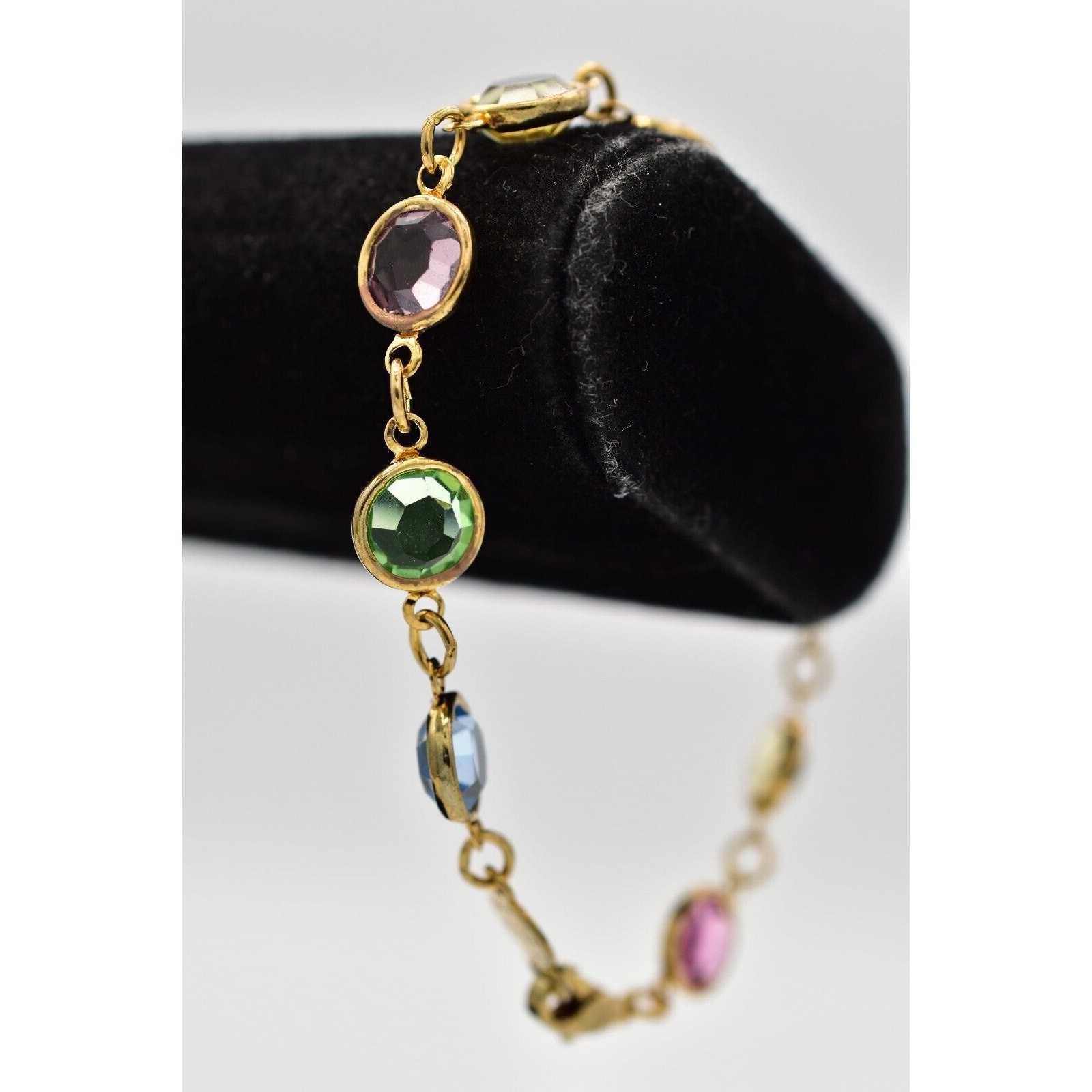Austrian USA Vintage Crystal Chain Bracelet Open Bezel Gold Linked Signed BinAD