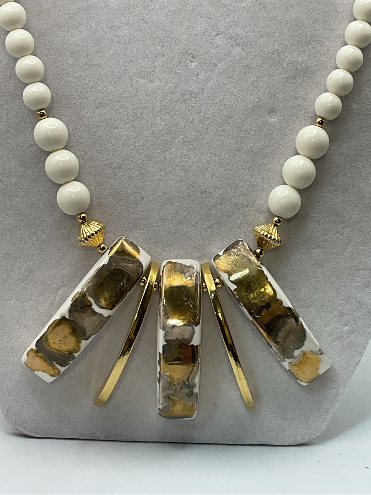 Vintage 60s-80s White & Gold-tone Chunky Bib Necklace/ Earring Set Marked Japan
