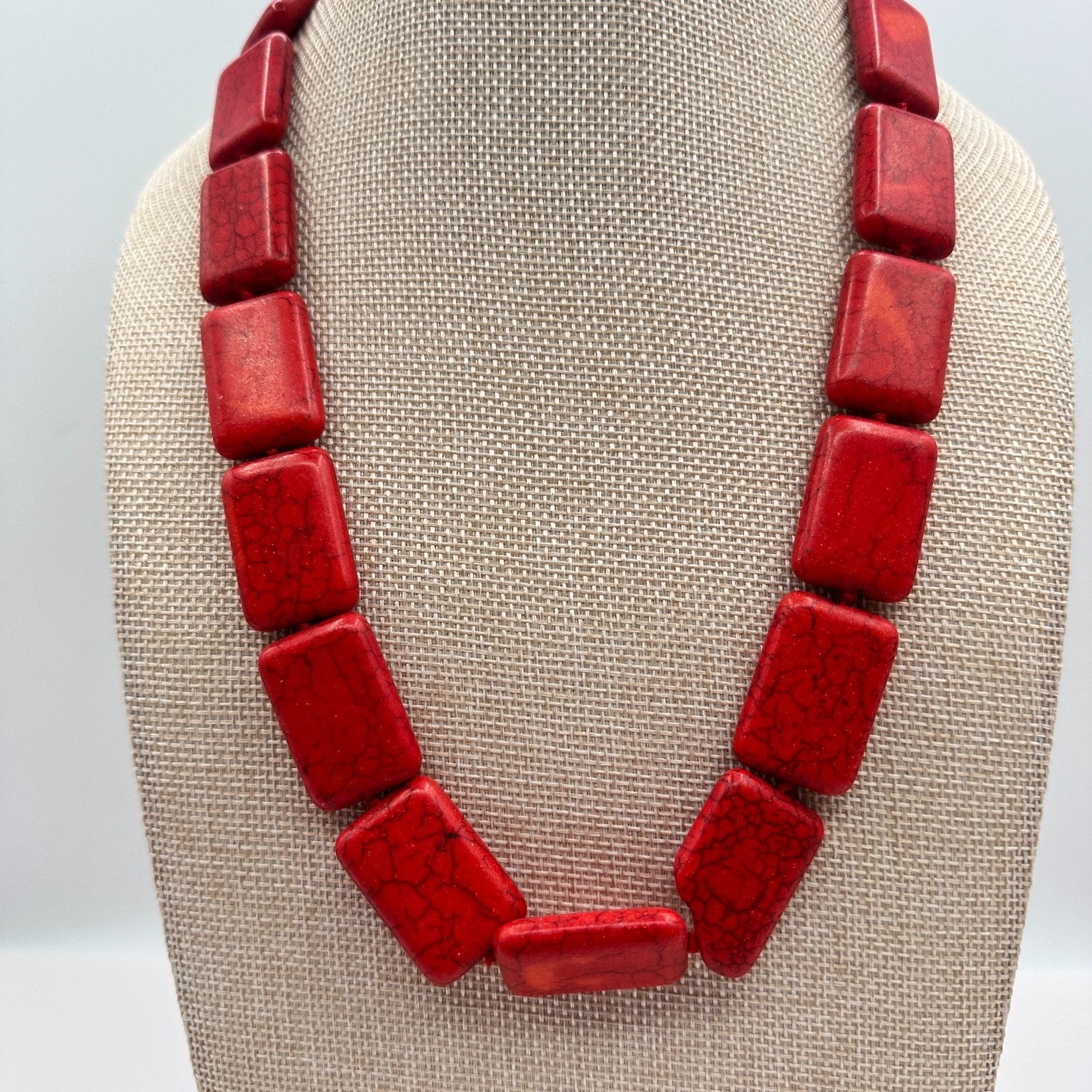 Vintage 90s Red Howlite Turquoise Rectangle Beaded Statement Necklace Jewelry