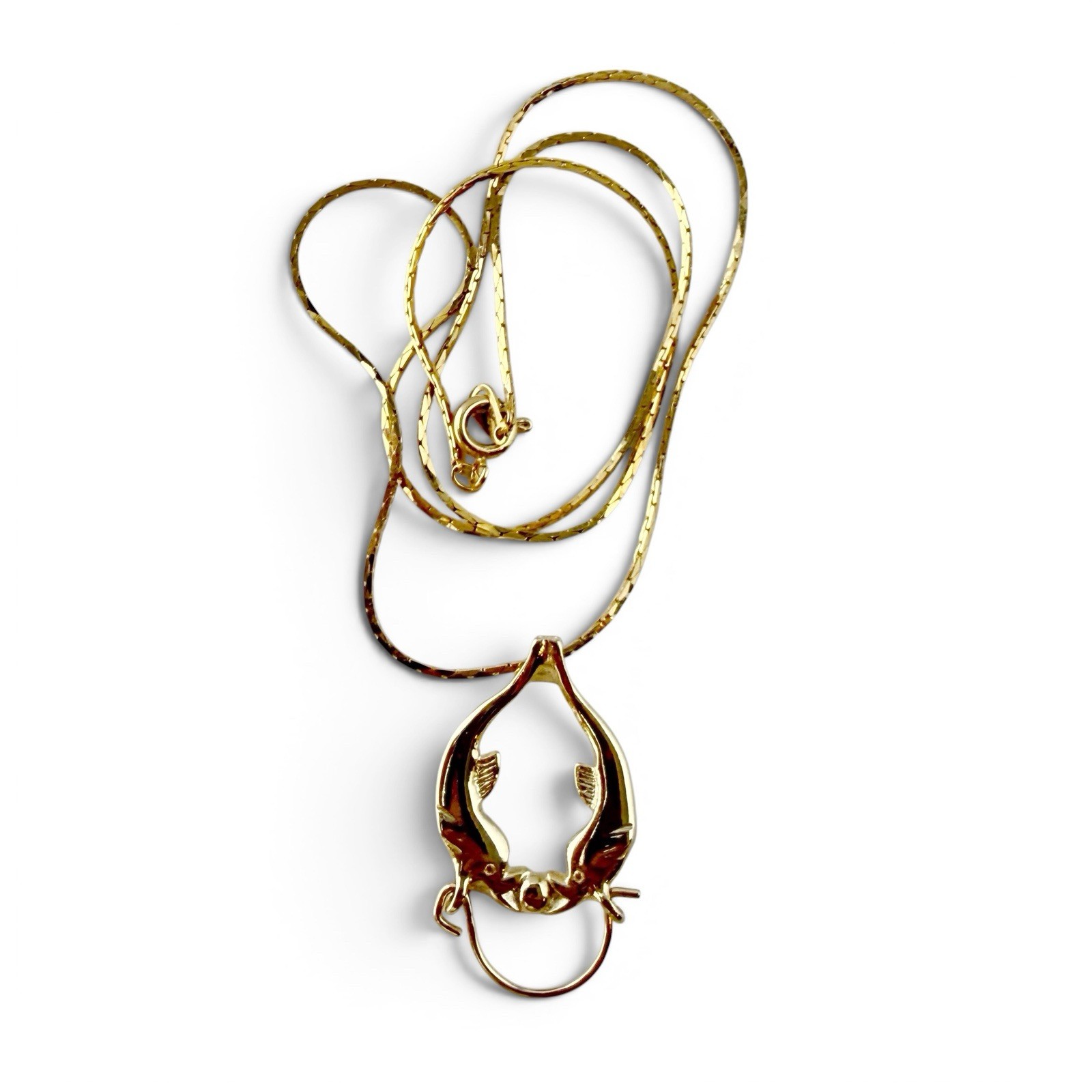 Vintage Double Dolphin Charm Holder Pendant Chain Necklace 18” Goldtone