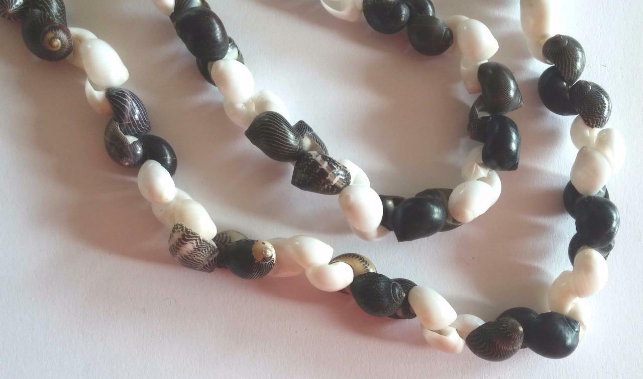 Vintage Antique Black and White Seashell Shells Beaded Necklace 34″