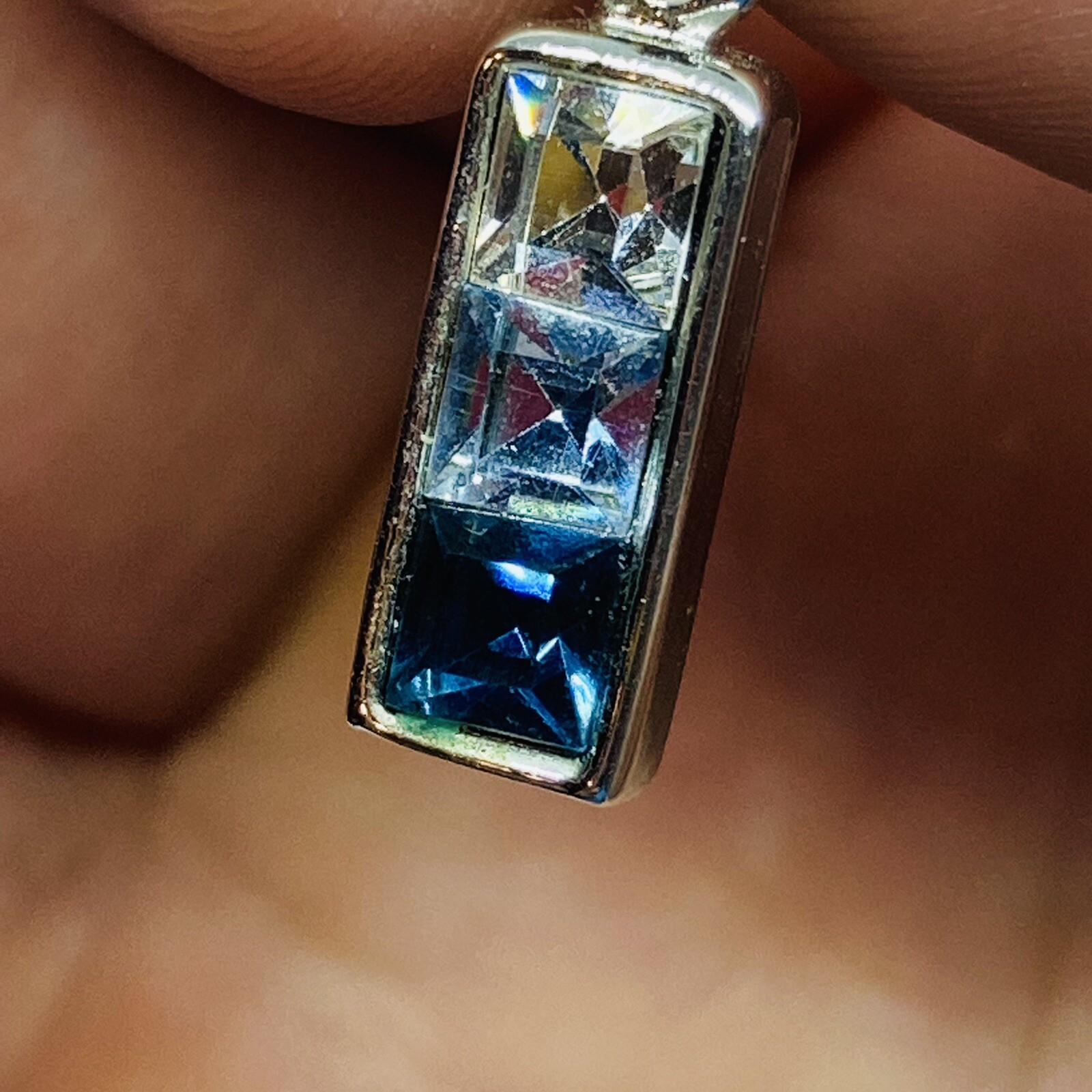 Vintage 1980s Gemstone Necklace Pendant Cube Three Color Stones 23
