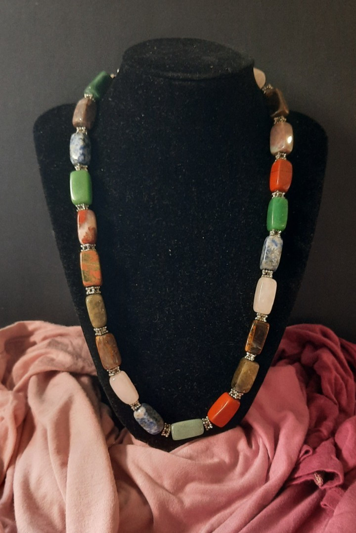 Vintage 21″ Natural Gemstone Necklace – Tiger’s Eye Jade Sodalite Coral Silver