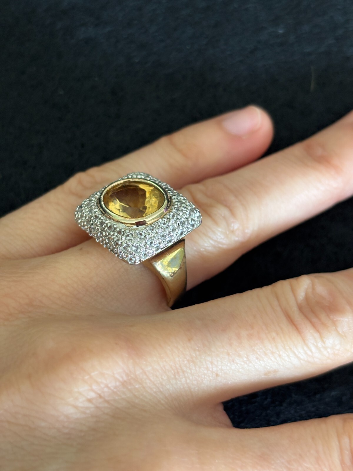 VINTAGE GOLD PLATE STERLING 925 CITRINE CZ COCKTAIL RING *8.6 gm*