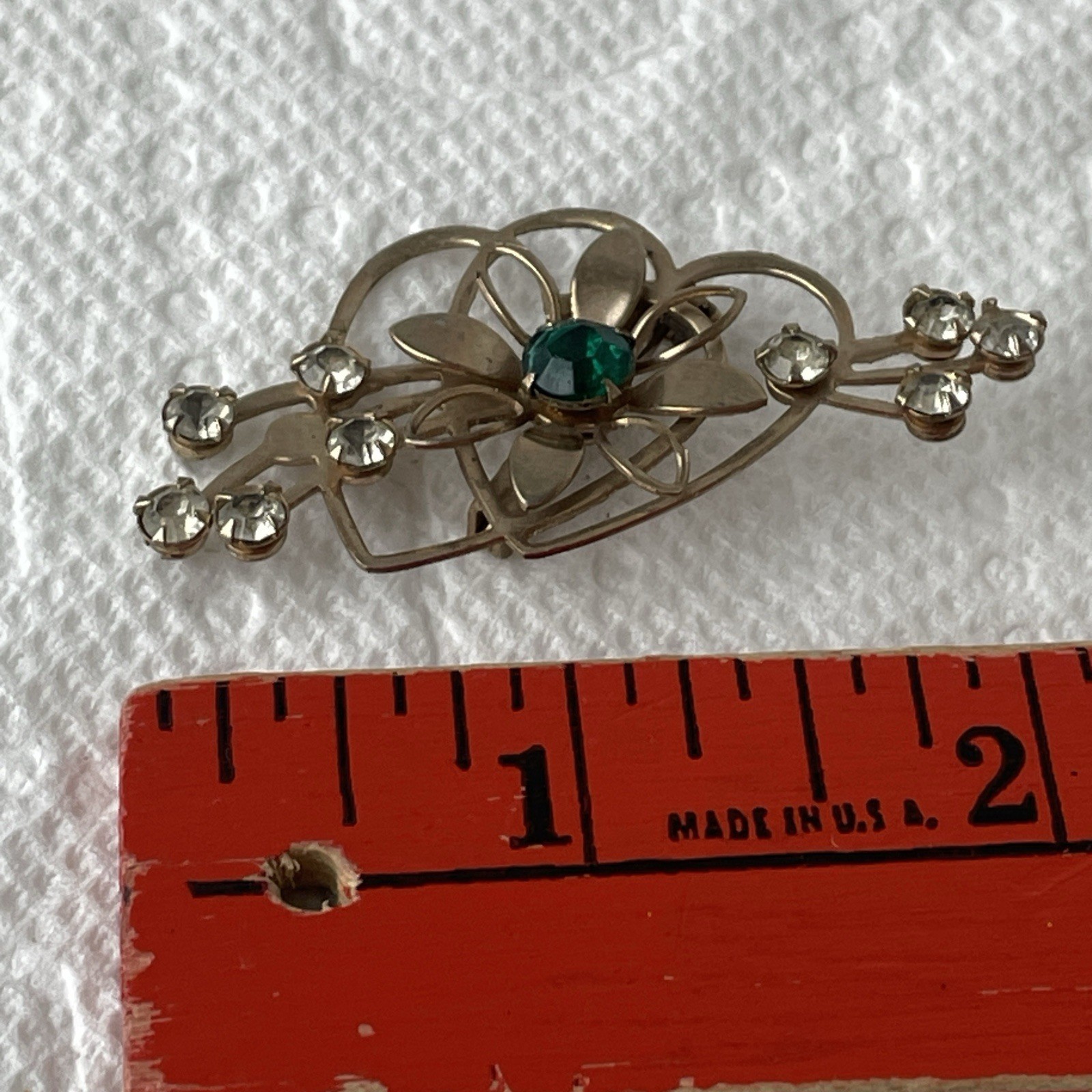 Hearts Flowers Brooch Pin Faux Emerald Faux Diamonds Flourish 2”x1” Vintage