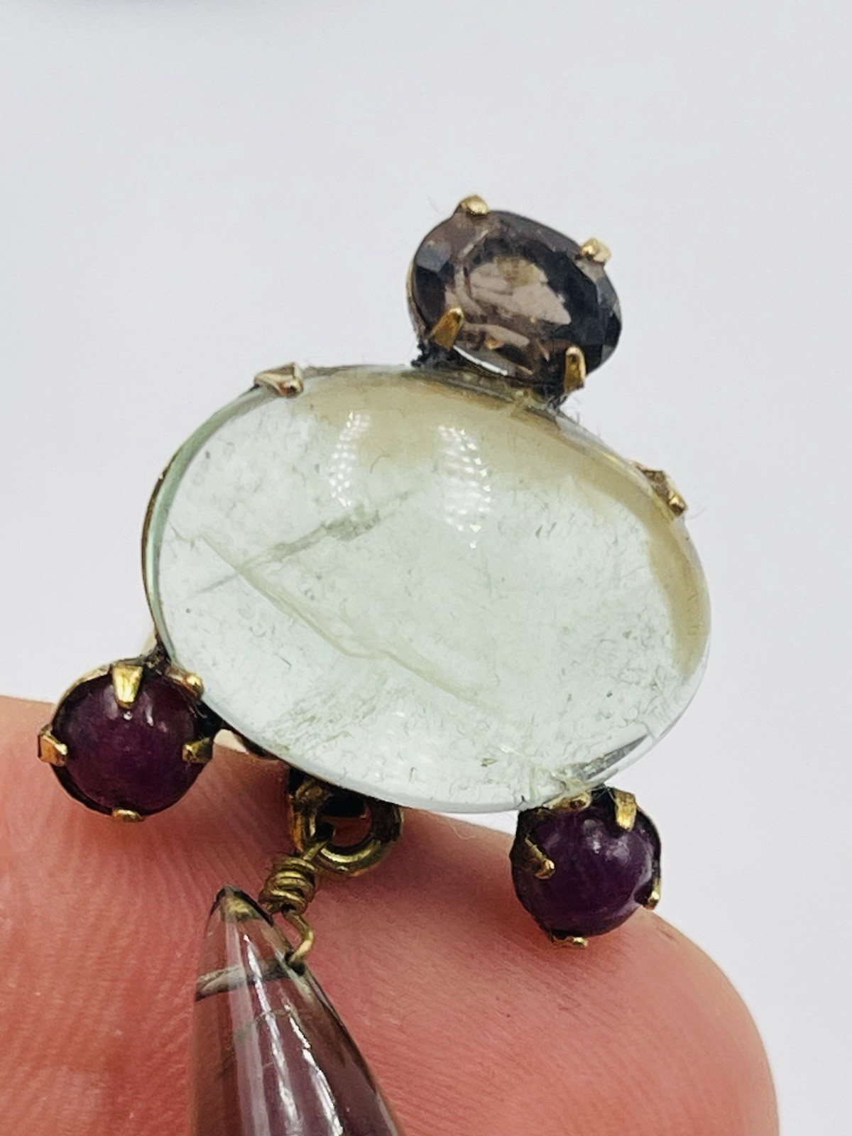 Iradj Moini Vintage Gold Plated Green Beryl Smoky Quartz Ruby Dangle Earrings