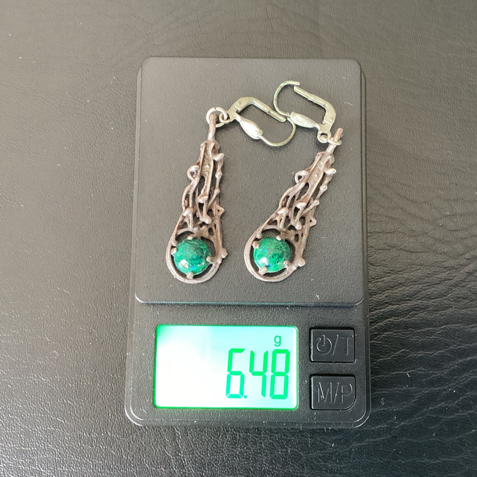 Vintage Ges Gesch West Germany Silver Green Stone Dangle Earrings