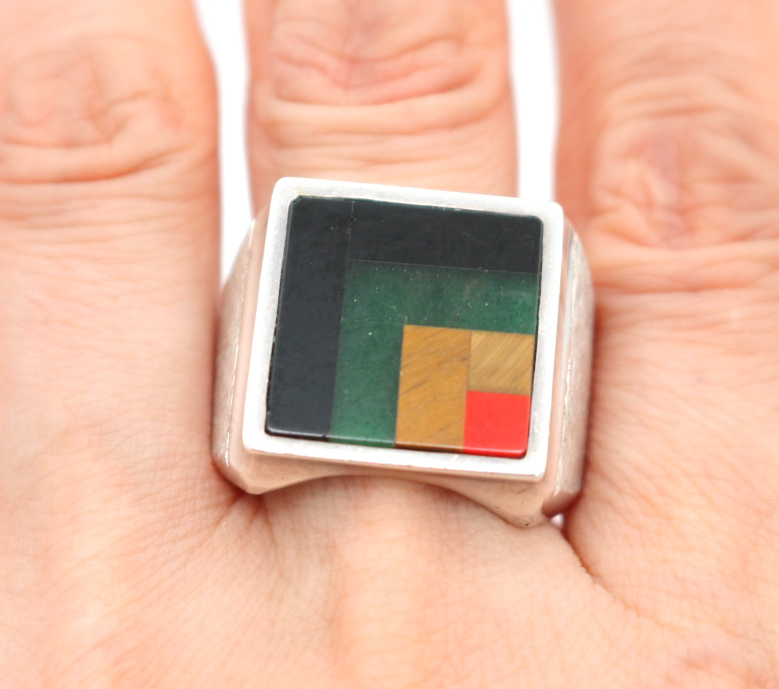 Vintage Taxco Mexico Sterling Silver & Gemstone Stone Inlay Ring 19.63g Sz10