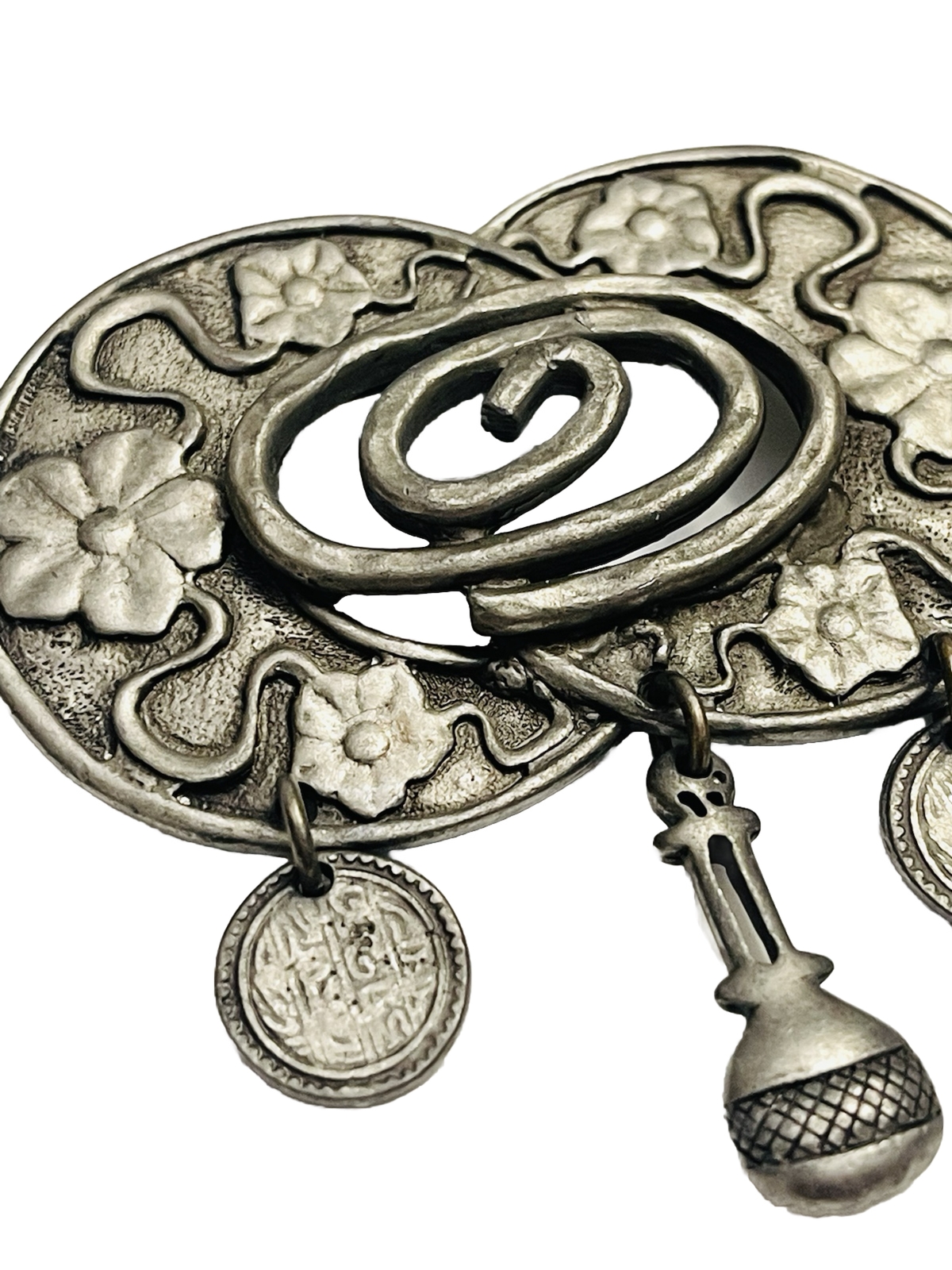 Vintage Renaissance Era Pewter 3 Charm Whimsical Brooch.