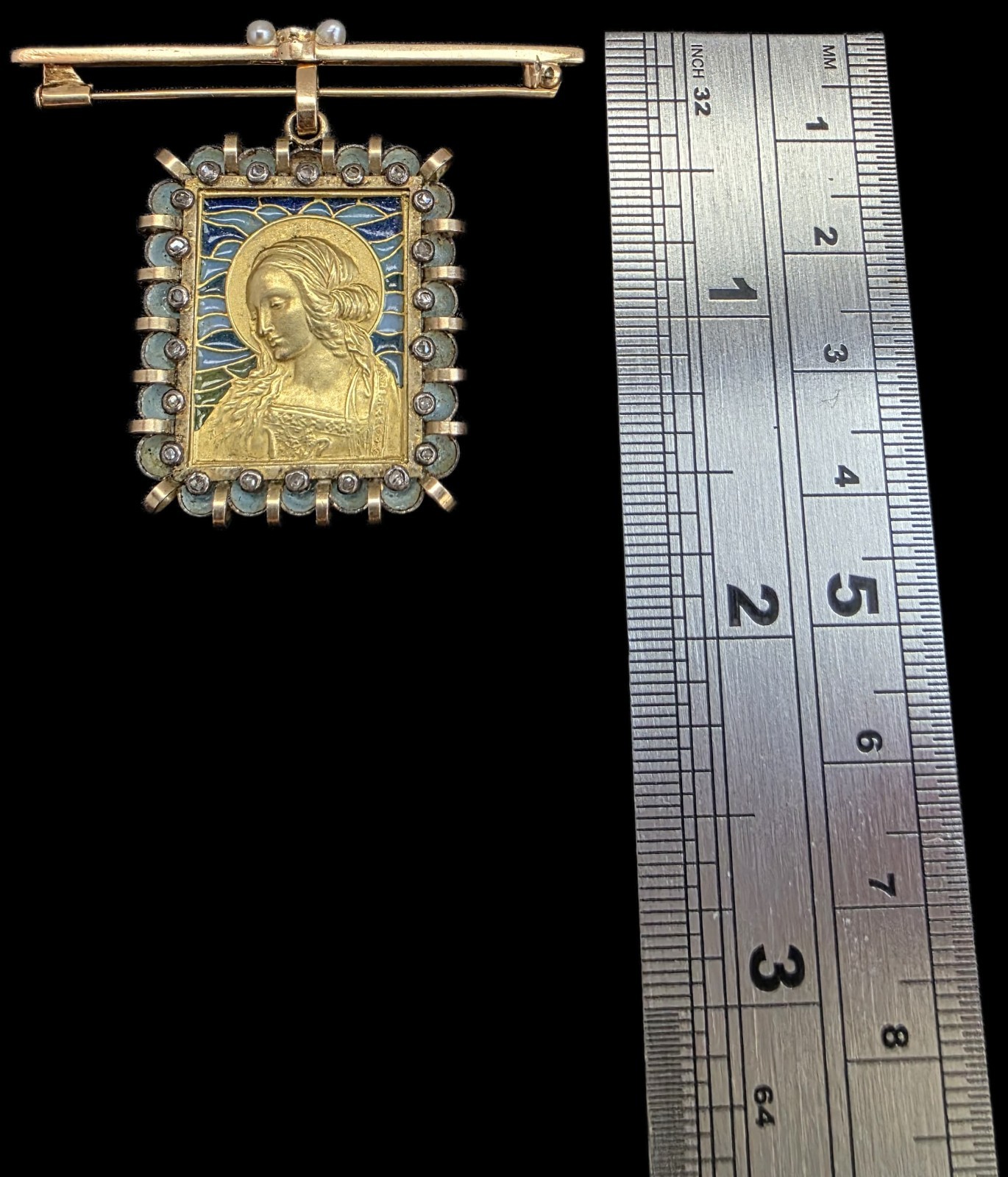 Fine Antique Art Deco 18K Gold Plique a Jour Virgin Mary Pendant Brooch C 1930