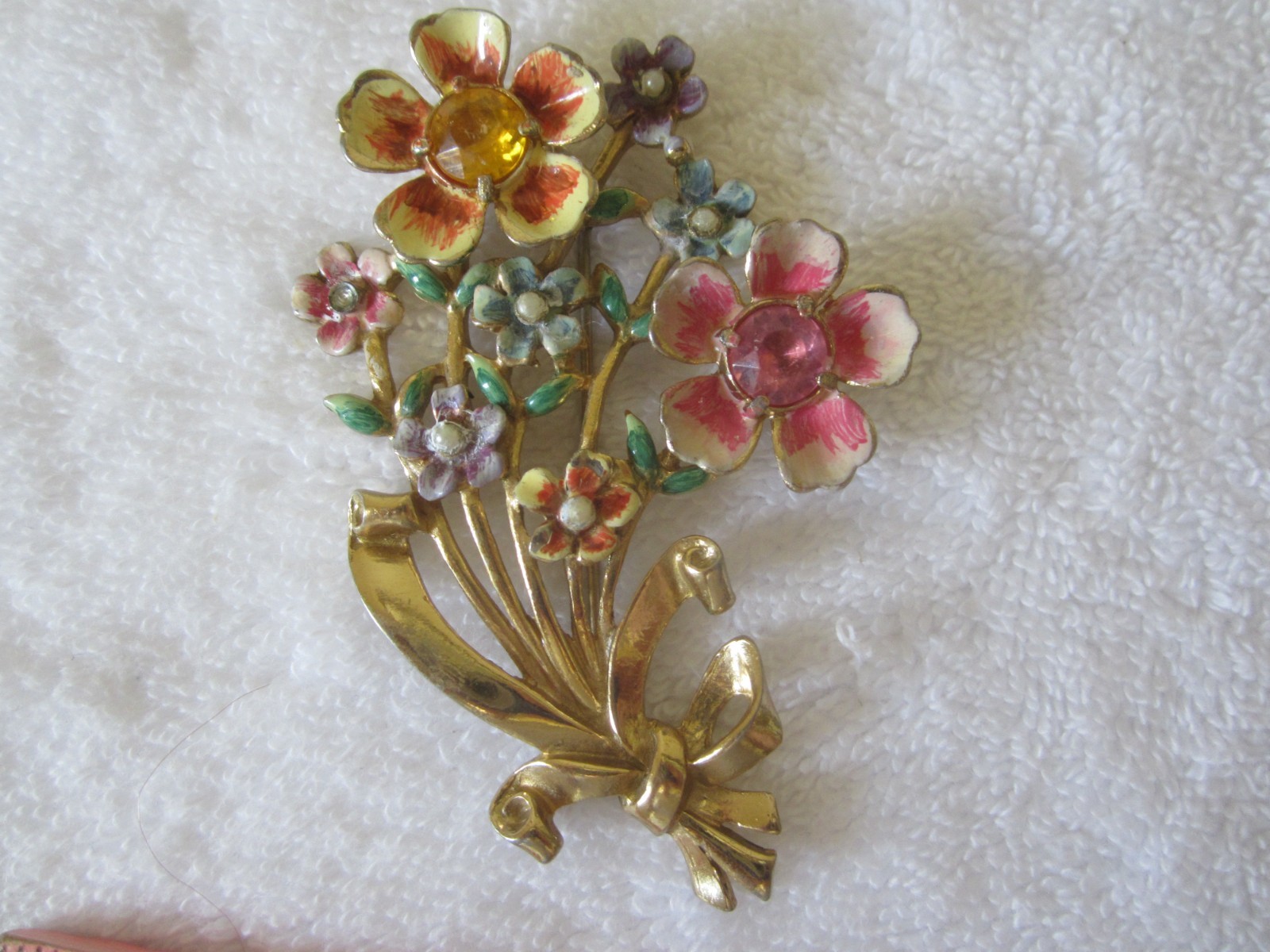 1942 Coro Brooch By A. Katz Bouquet Of Multi Color Enamel Flowers Faux Pearls