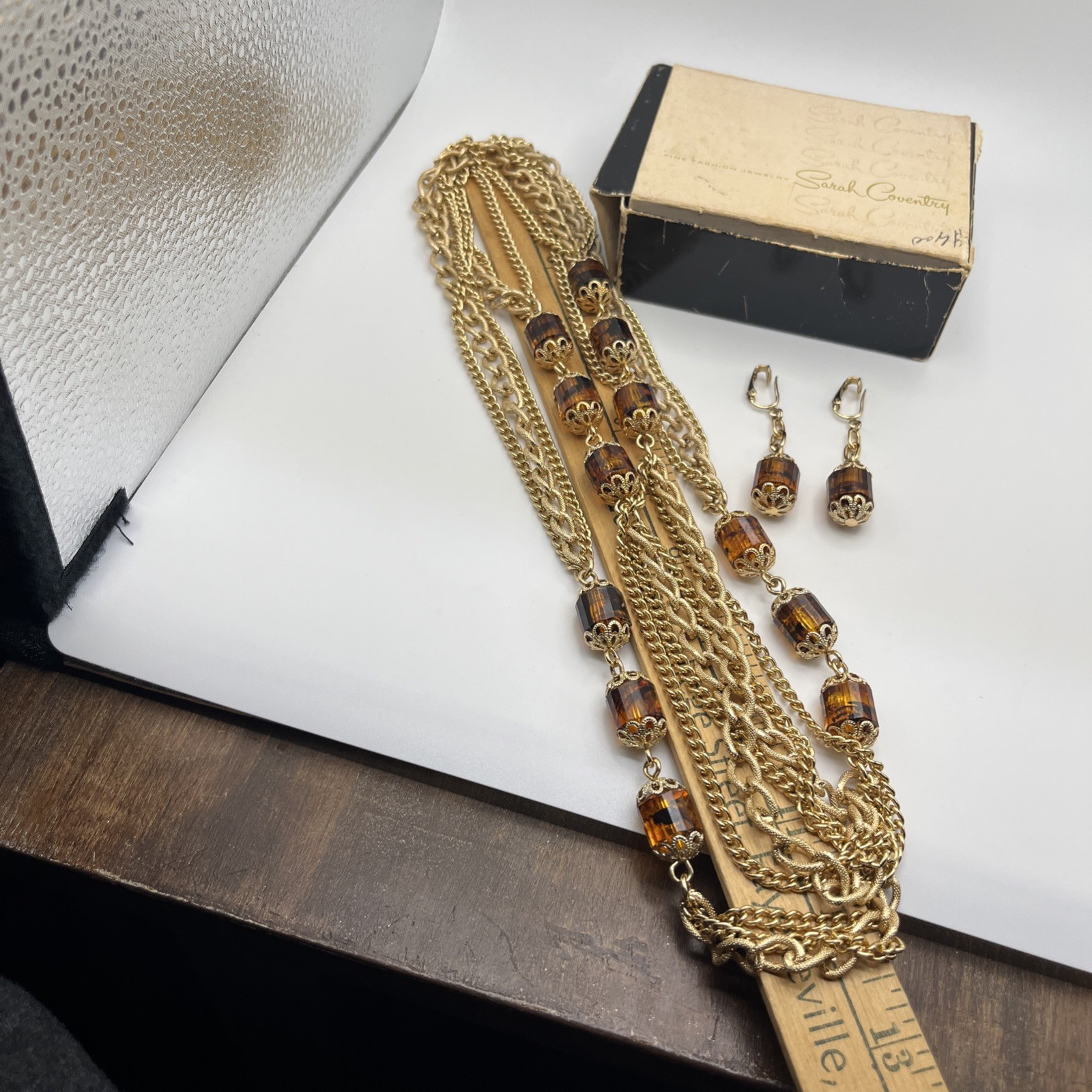 Vintage Sarah Coventry 50″ Long 3 Strand Gold Tone Necklace Barrel With Earrings