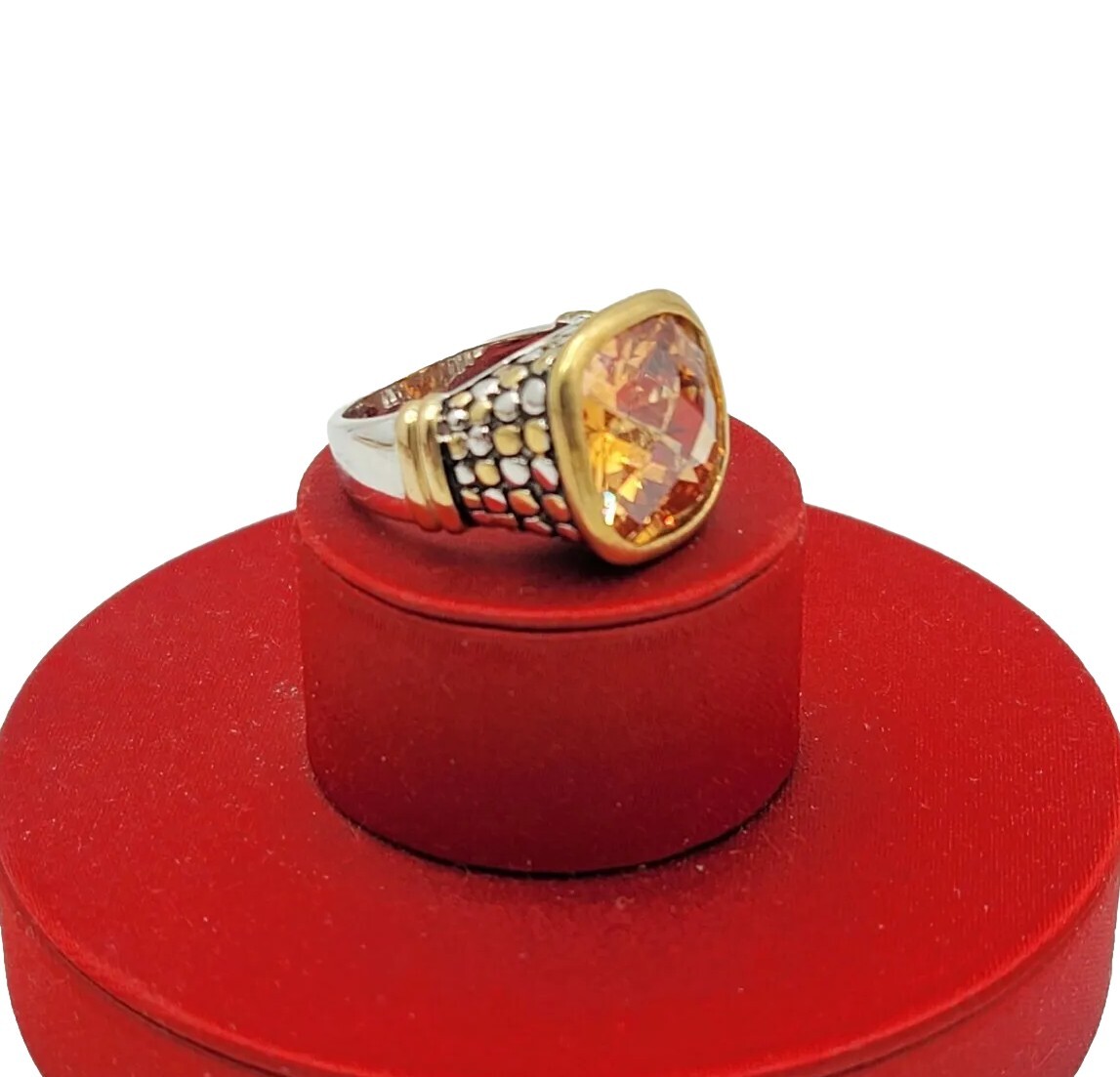 Vtg Sz 7 Ring Lg Citrine Topaz Cubic Zirconia Roman Brutalist Theme Jewelry Dot