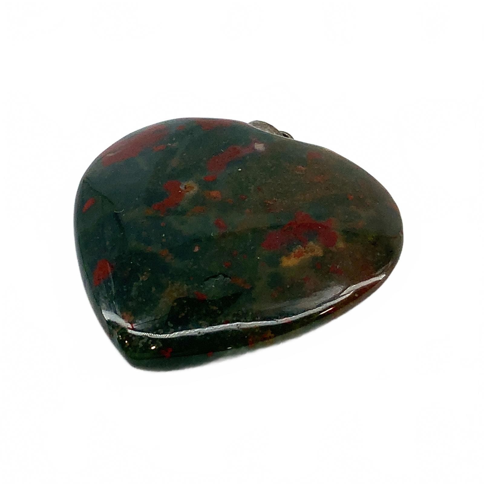 Vintage Bloodstone Jasper Heart Pendant Green Red Stone Silvertone Boho Charm