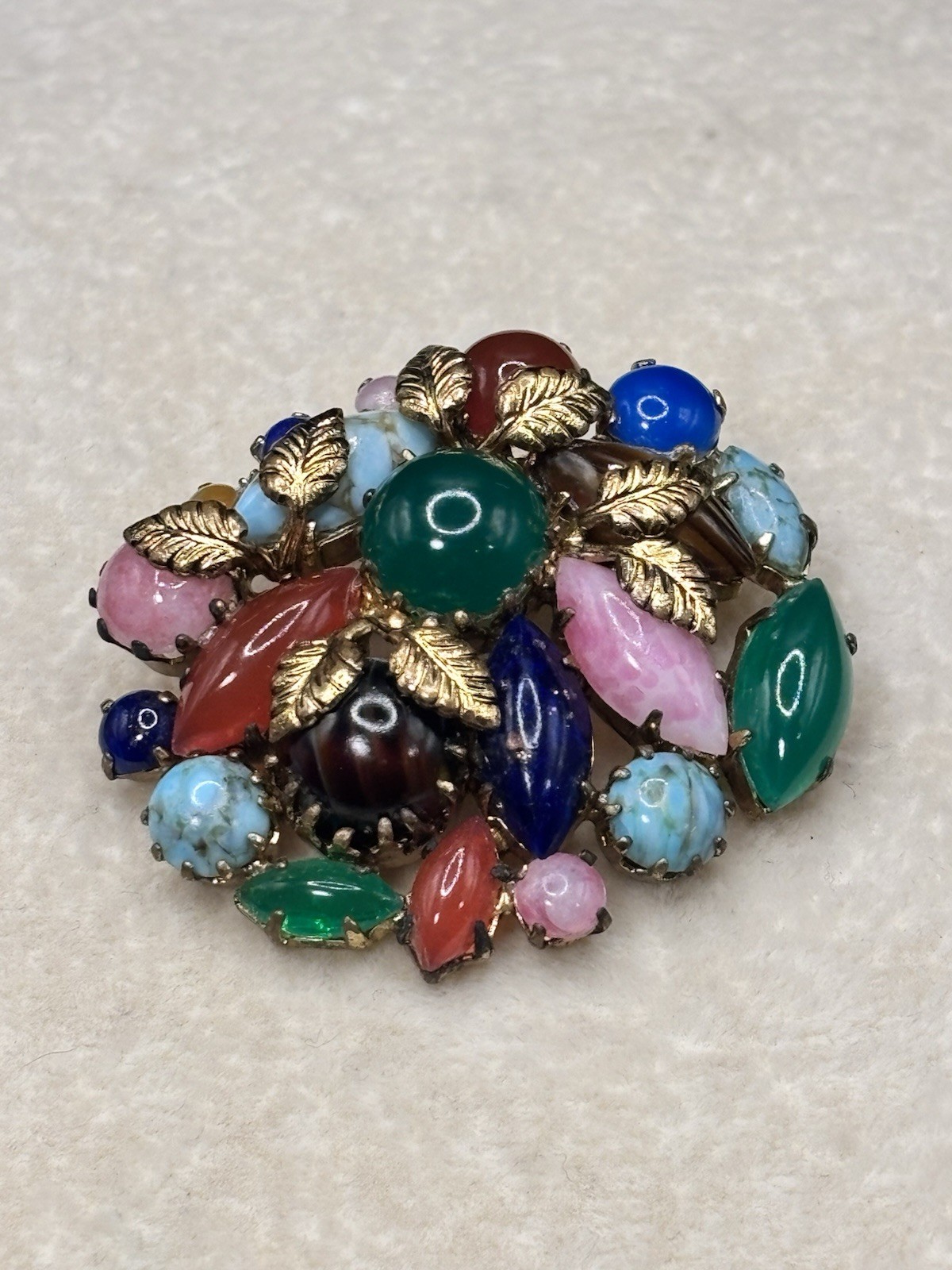 Vintage Czech Glass Multicolor Multi Shape Rhinestone Brooch Gold Tone Leaves