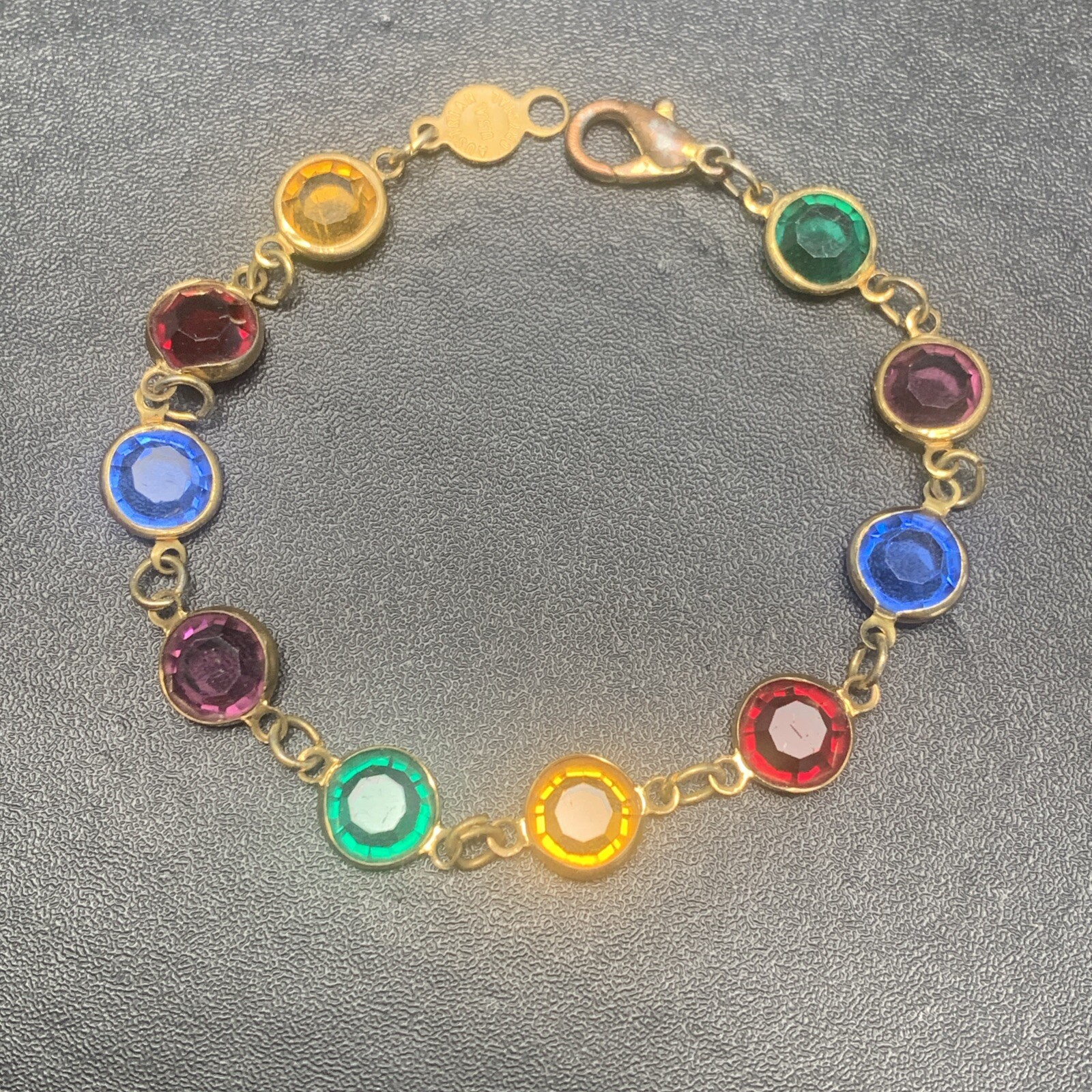 Austrian Crystal USA Signed Multi color Crystal Gold Tone Bracelet Vintage 7.5”