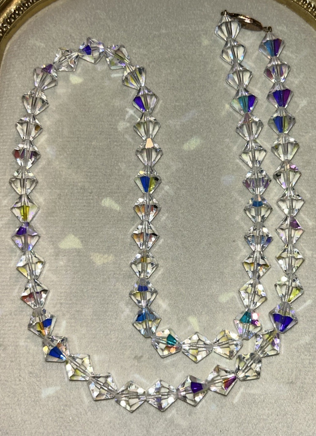 Vintage Aurora Borealis Crystal Bicone Necklace 24” Clear Faceted Glass Beads