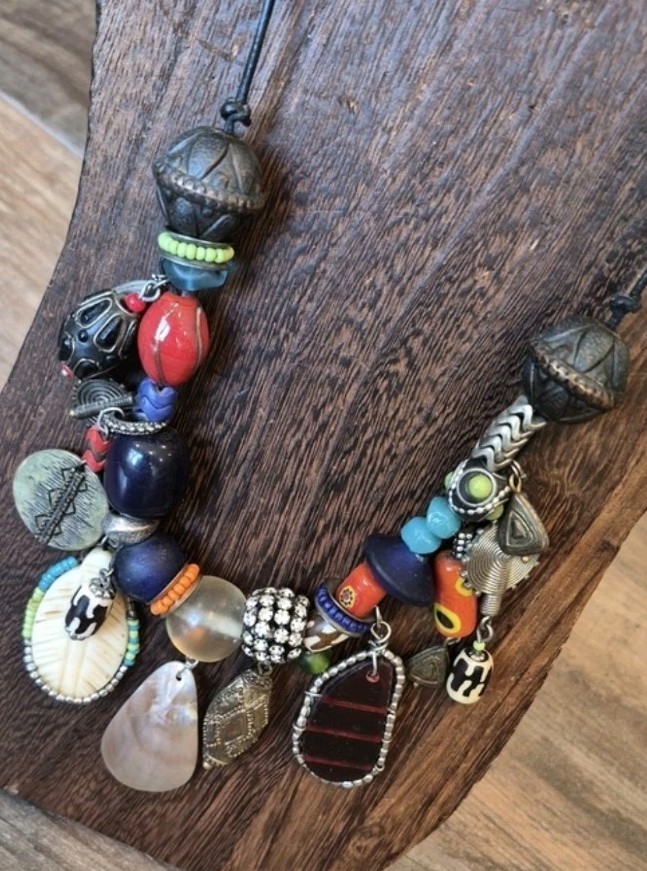 Vintage Eclectic Charm Bead Adjustable Length Leather Cord Necklace