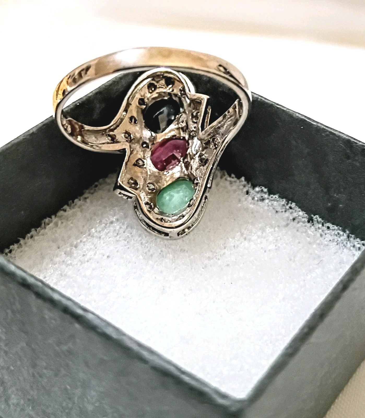 Vintage Natural Emerald Ruby Sapphire CZ Estate Statement Swirl Ring 8.5
