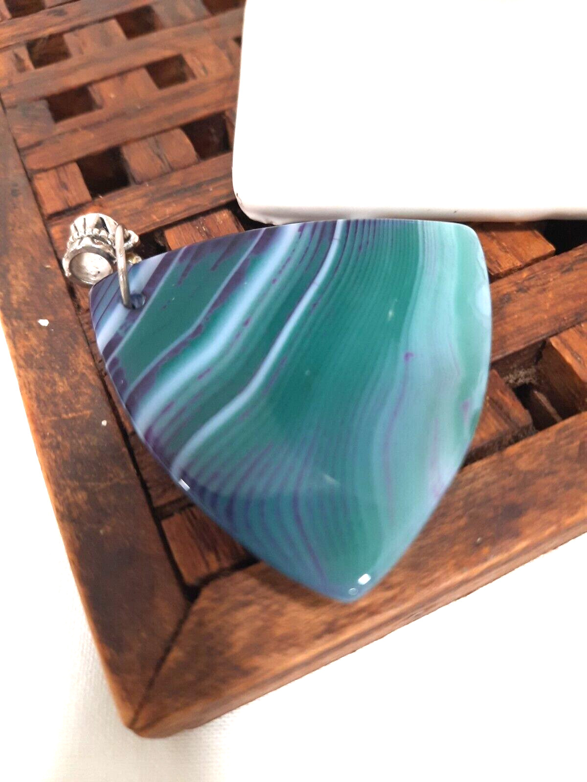 Artisan Stone Agate Striped Pendant Purple Green White on Silvertone slide 2″x2″
