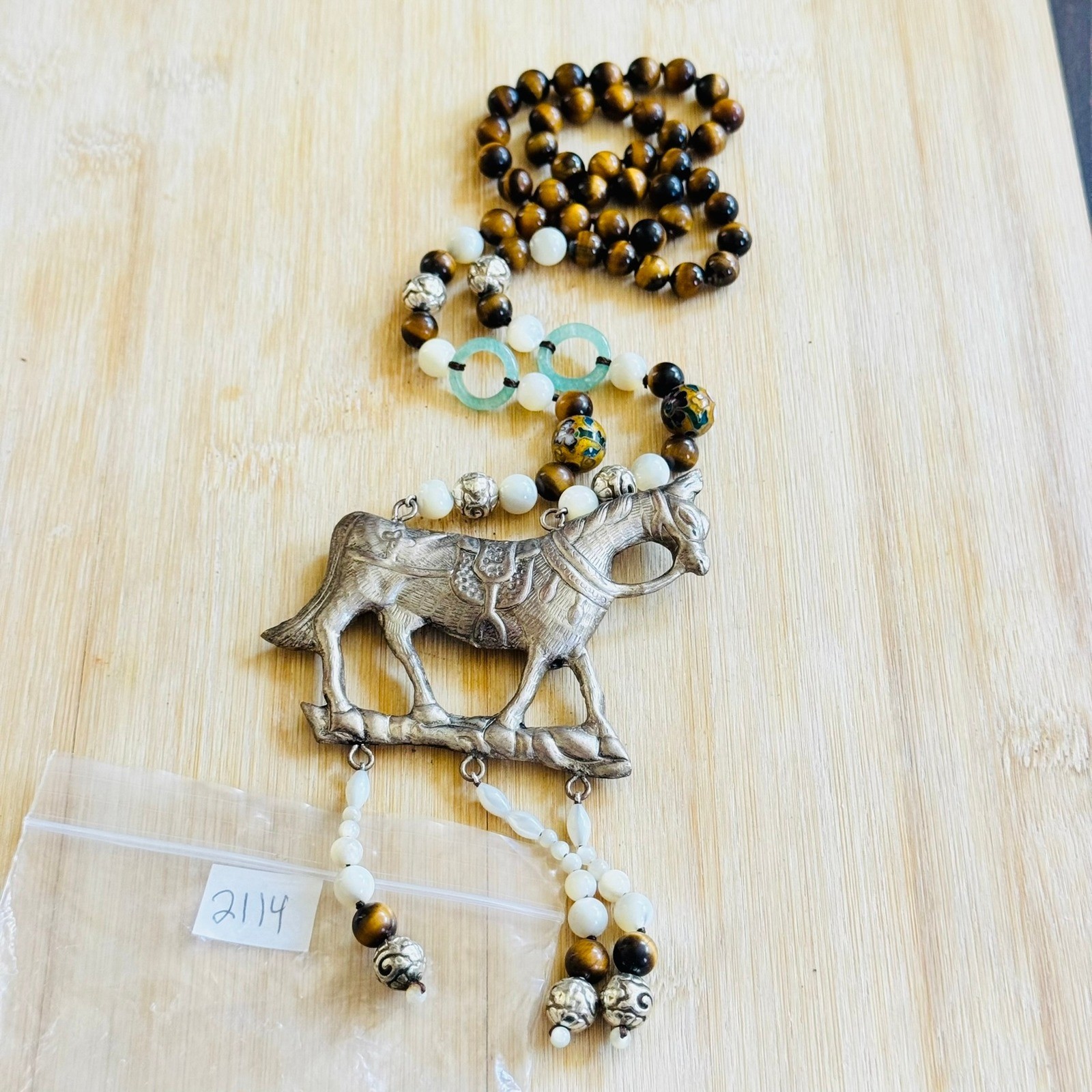 VTG Horse Equestrian Necklace Statement Cloisonne Tiger’s Eye Jade Stone Beads