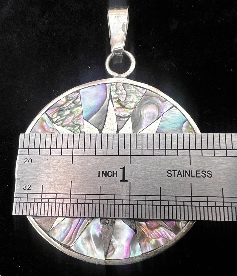 Sterling Silver MEXICO Large Abalone Inlay Sun Face Pendant 1.75”