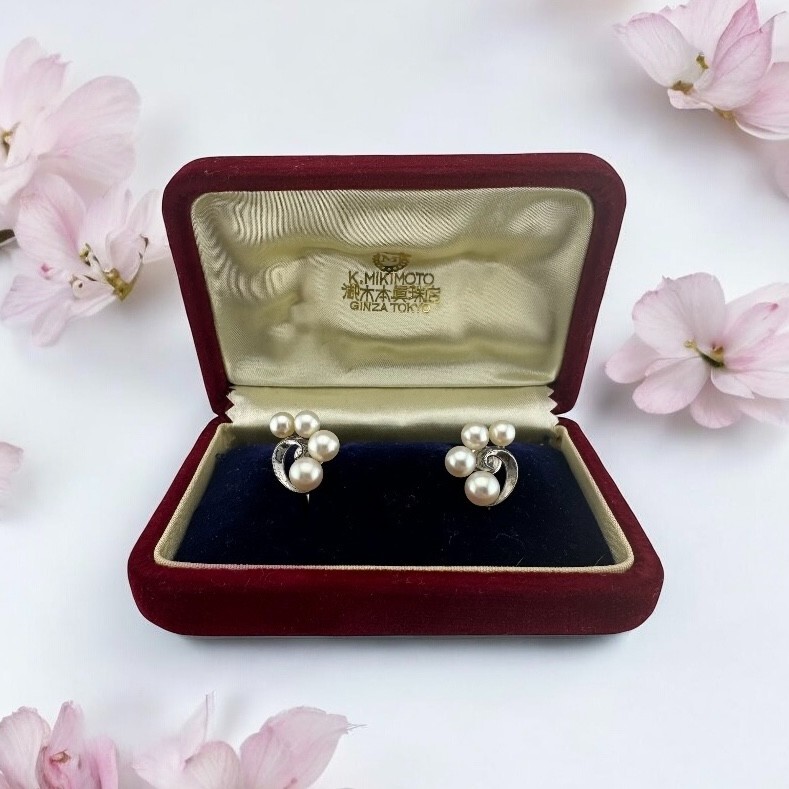 Vintage Mikimoto Sterling Silver Pearl Screw Back Earrings with Original Box
