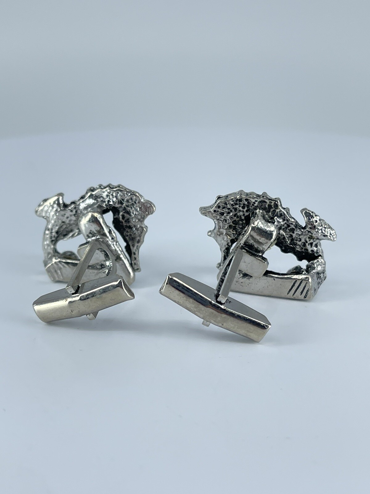 Vintage Seahorse cufflinks silver tone with black enamel accents 1-1/8″