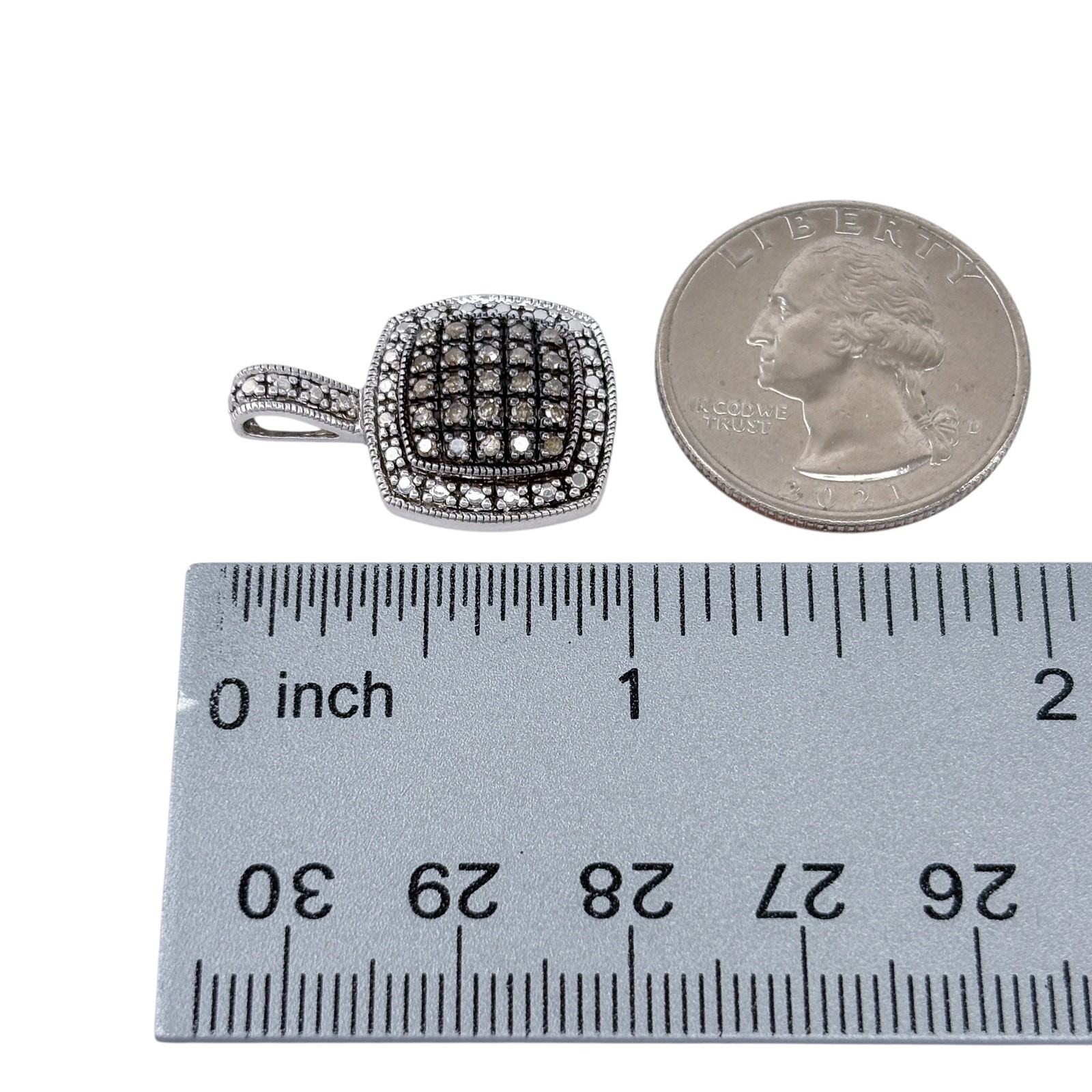 Sterling Silver 925 White Black Diamond Cushion Pendant