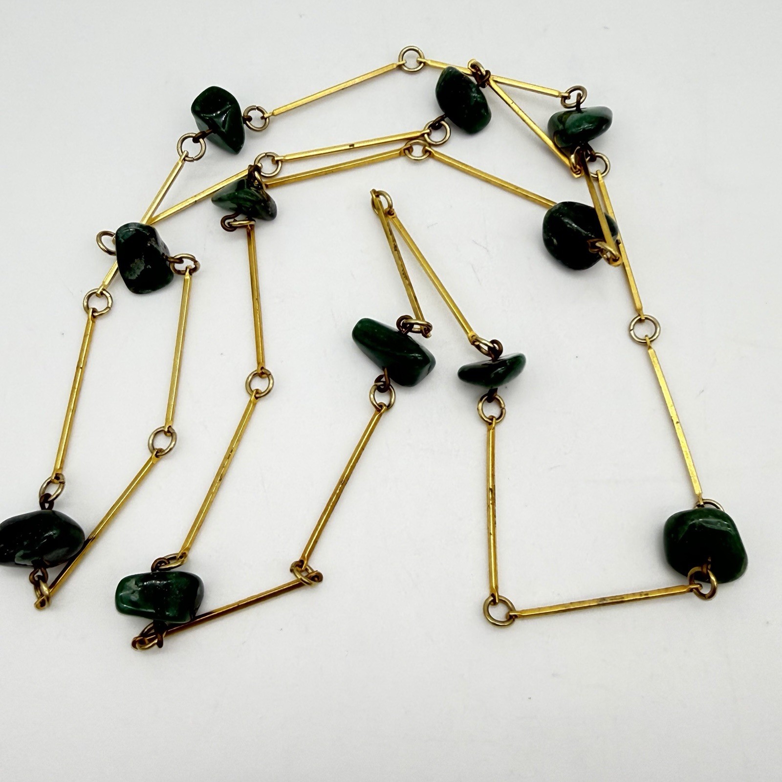 VTG Jade Bar Link Necklace Estate Deep Green Gemstone Flapper 40
