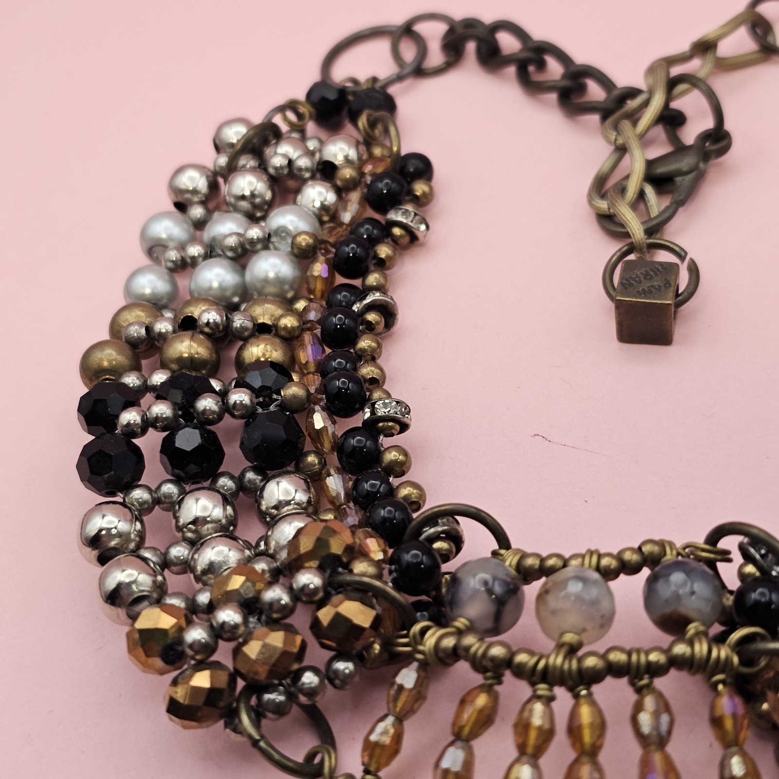 PAM HIRAN Statement Bib Necklace Mixed Bead Collar Brass Tone Chunky Boho Glam