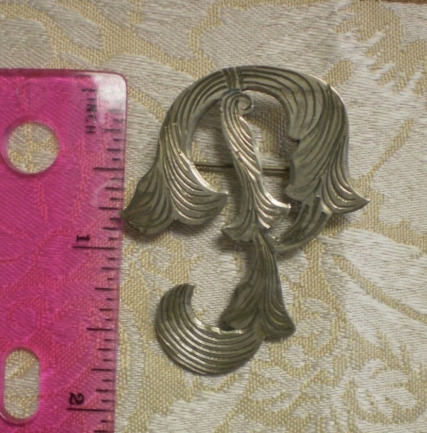 Engraved Sterling Silver Hair? Abstract Brooch 1.75″ Letter P