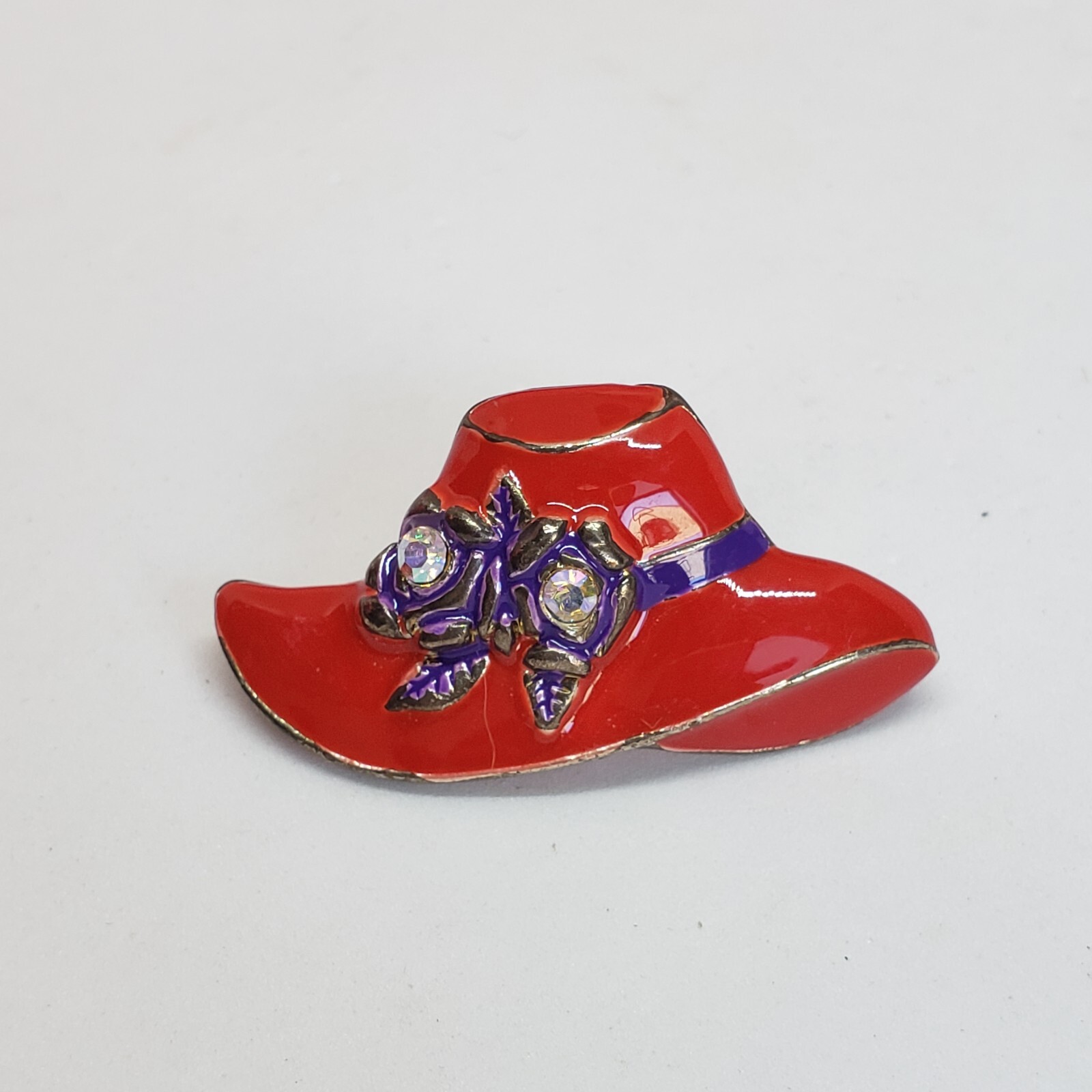 Vintage Red Hat Society Aurora Borealis Rhinestone Enamel Silver Tone Brooch Pin