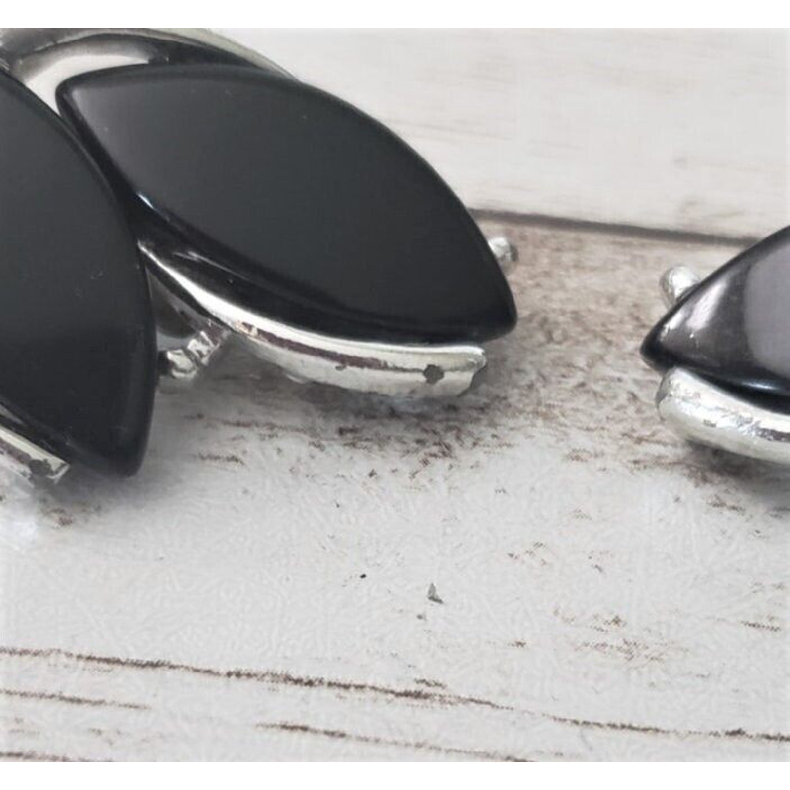 Vintage Clip On Earrings Black Leaves with Silver Tone – Statement