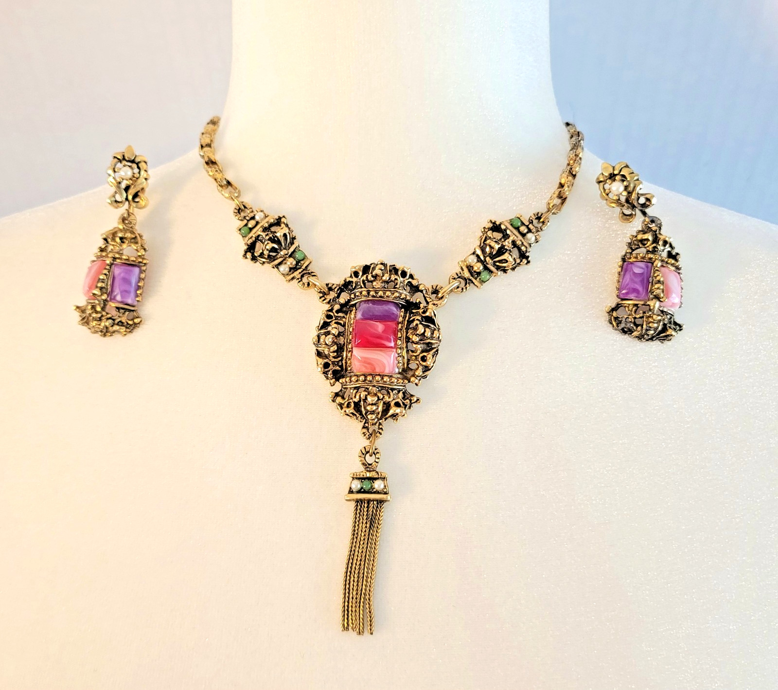 Vtg Selini Pink Purple Confetti Lucite Necklace Earring Set *Unsigned* Victorian