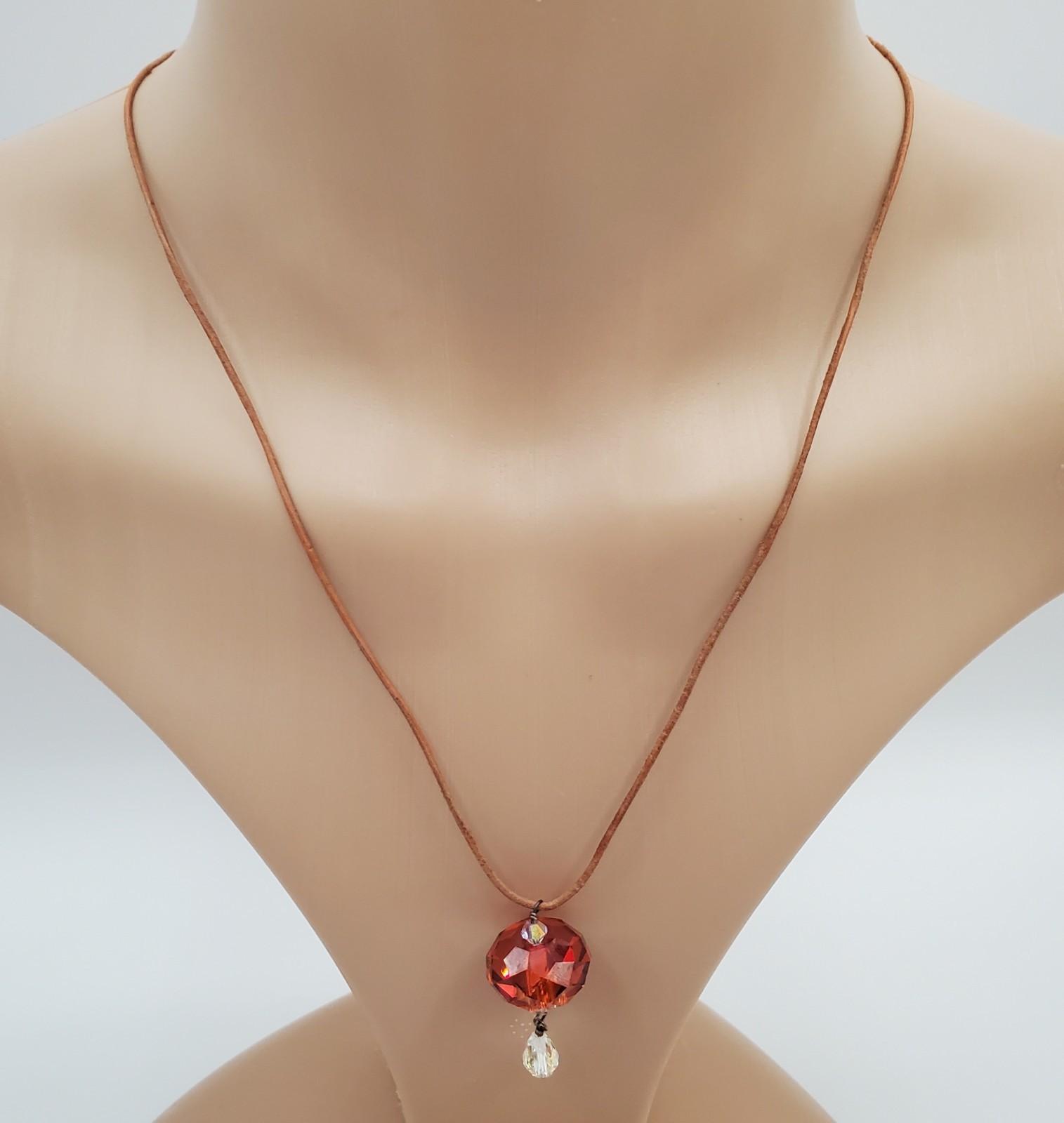 VTG 925 Faceted Amber Tone Crystal Necklace 18in Sterling Clasp Raw Leather Cord