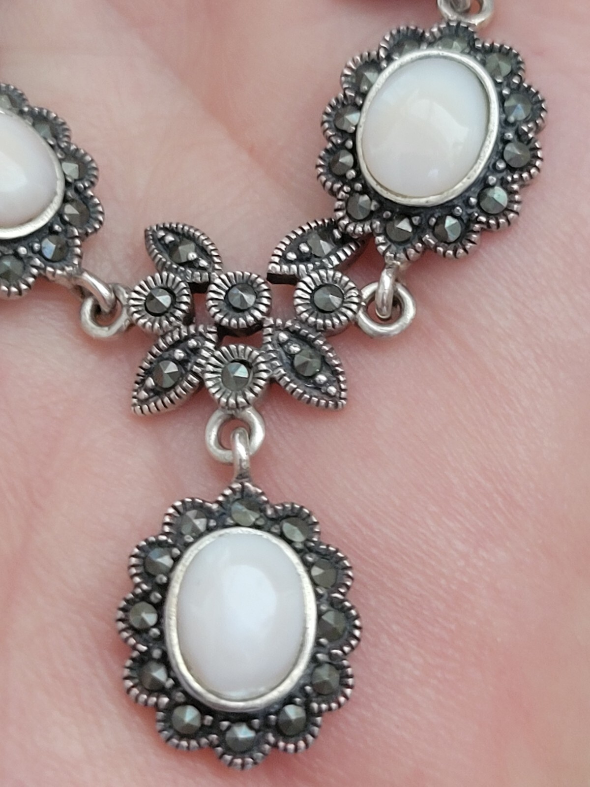 Edwardian/Victorian Style Sterling/Marcasite/ Angel Skin Coral Station Necklace