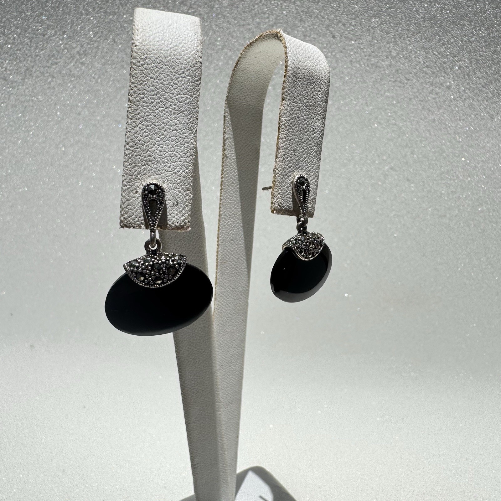Vintage 925 Sterling Silver Black Onyx Marcasite Dangle Earrings Signed R