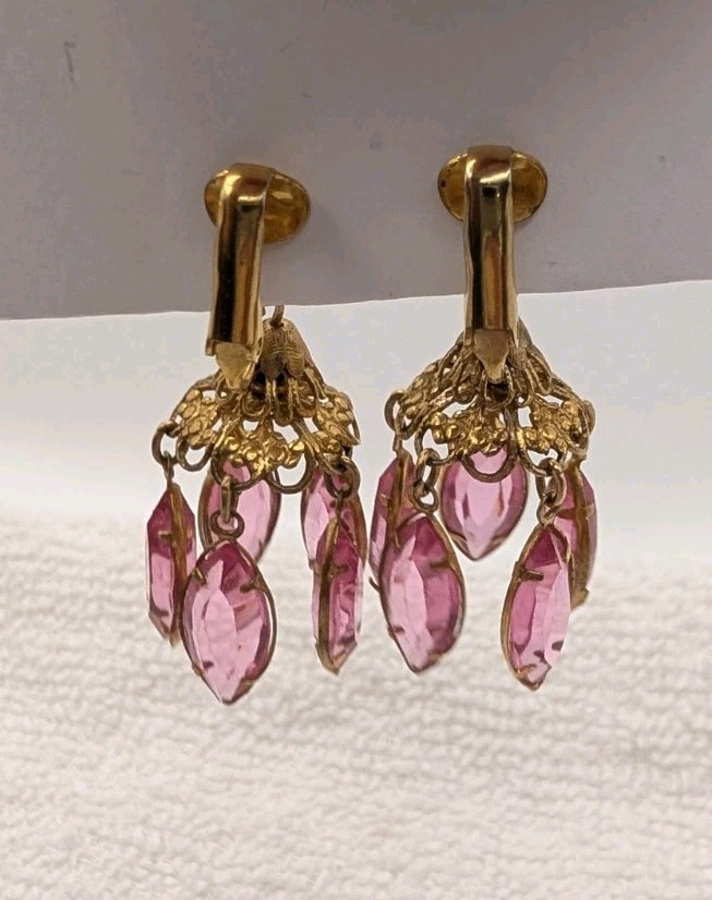 2 Vintage Chandelier Dangle Pink Glass – Blue Avon Clip-On Earrings
