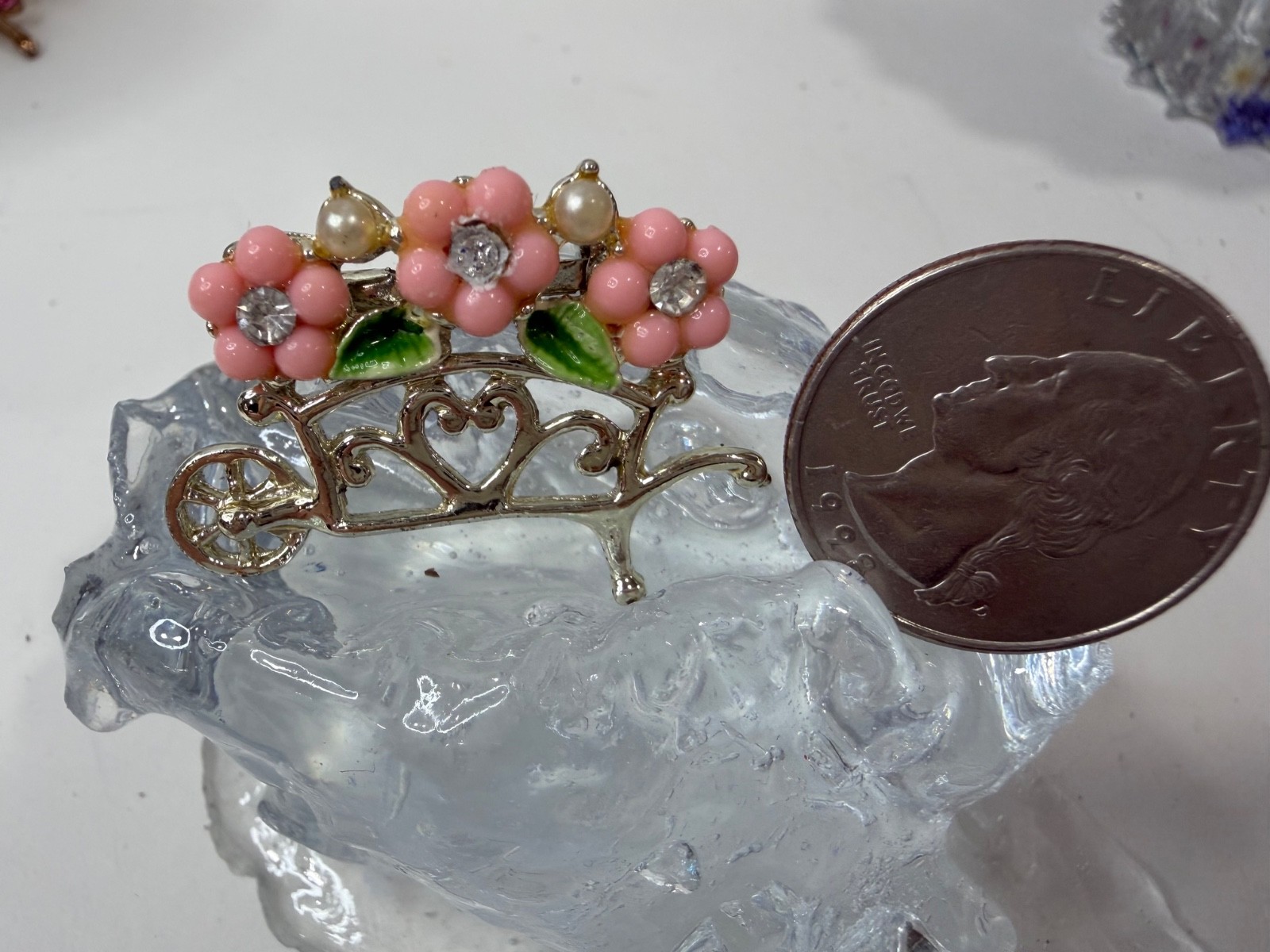Vintage Gold Tone Pink Flowers with Whimsical Garden Wheelbarrow Brooch