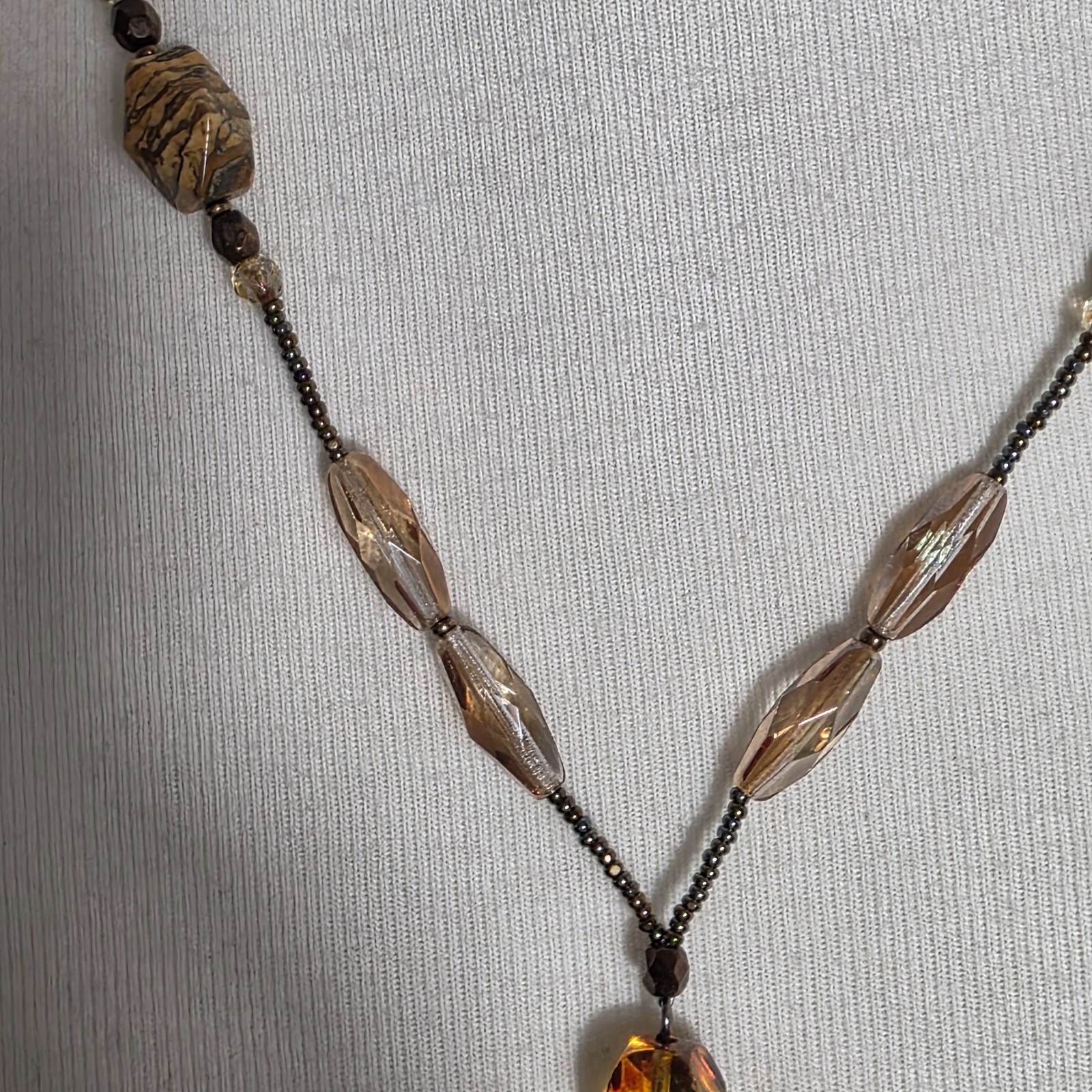 Beaded Lariat Necklace Large Irregularly Shaped Stone Earth-Tone Mix of Beads