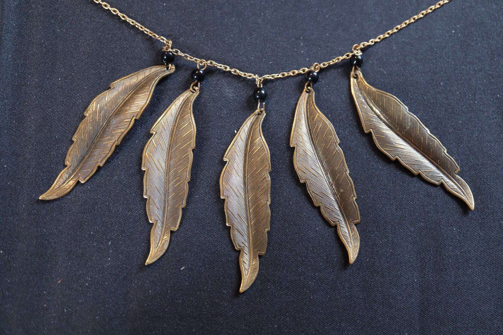 Vintage Gold Tone Feather Necklace 16” with Spring Tension Clasp