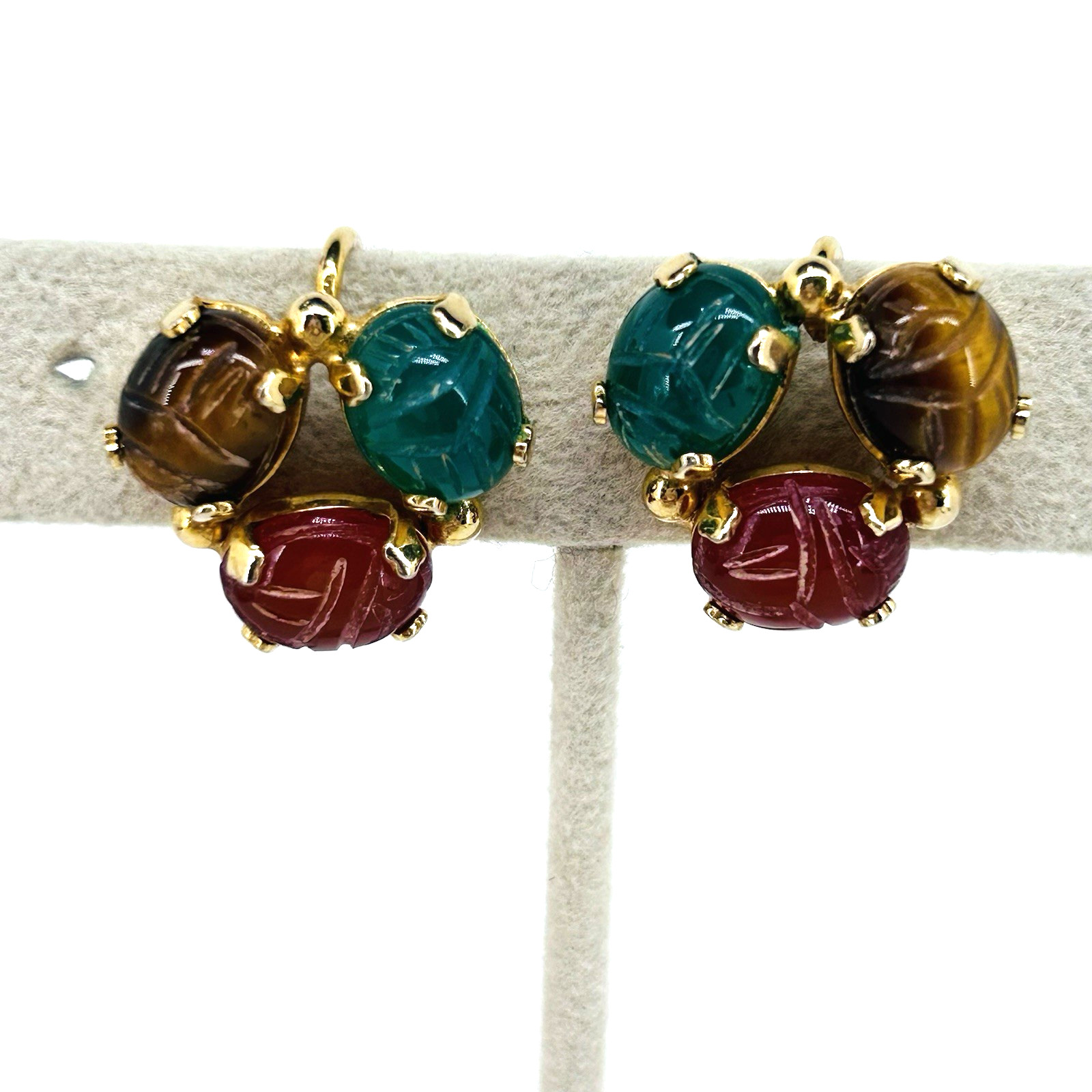 12K Gold Filled VTG Burt Casell Screw Back Earrings Jade Carnelian Tiger’s Eye