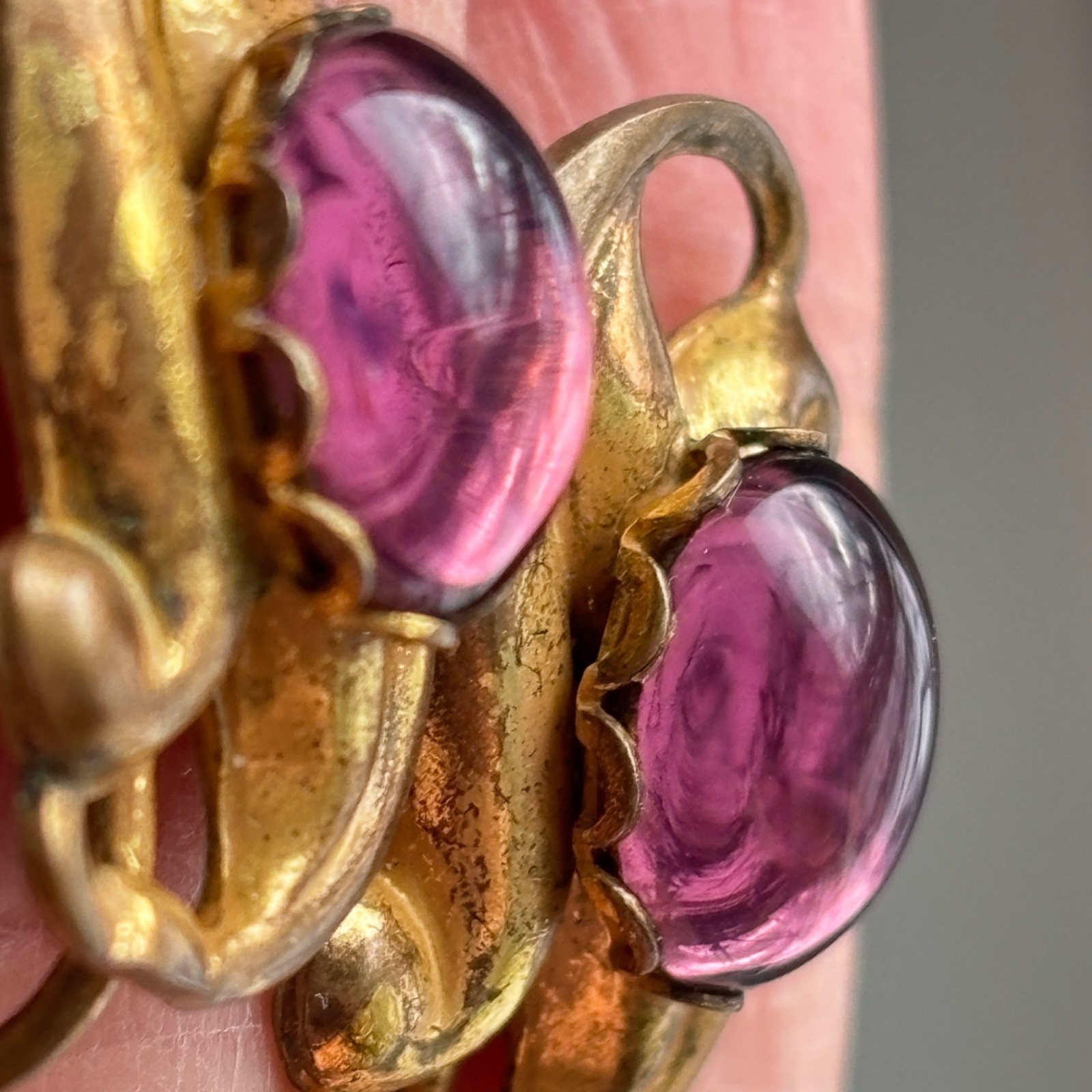 Vintage Miriam Haskell Earrings Signed Purple Pink Gripoix Glass Cabochon